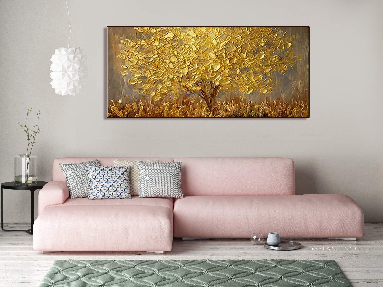 Hand Painted Landscape Flower Oil Painting on Canvas - Abstract Palette Knife Gold Tree Blossom Wall Art - 24x48 Inch Stretched Ready to Hang - Perfect for Living Room, Bedroom & Office Decor