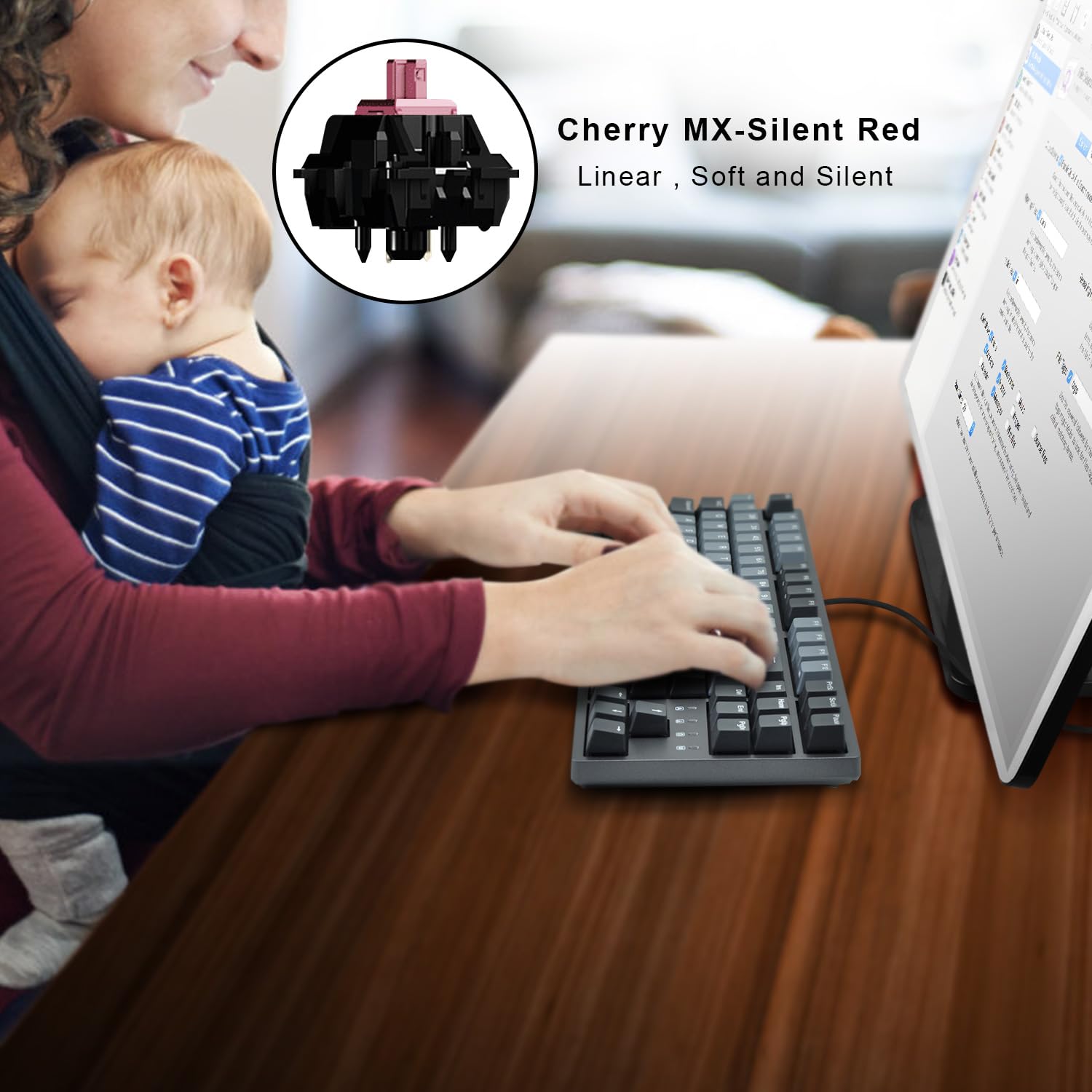 DURGOD 87-Key Gaming Mechanical Keyboard with Cherry MX Silent Red Switches - Quiet Linear Switches, Anti-Ghosting, USB-C/USB-A Connectivity - Includes Free Dust Cover (Space Grey, ANSI/US Layout) - Perfect for PC Gaming, Office Work, and Professional Typing