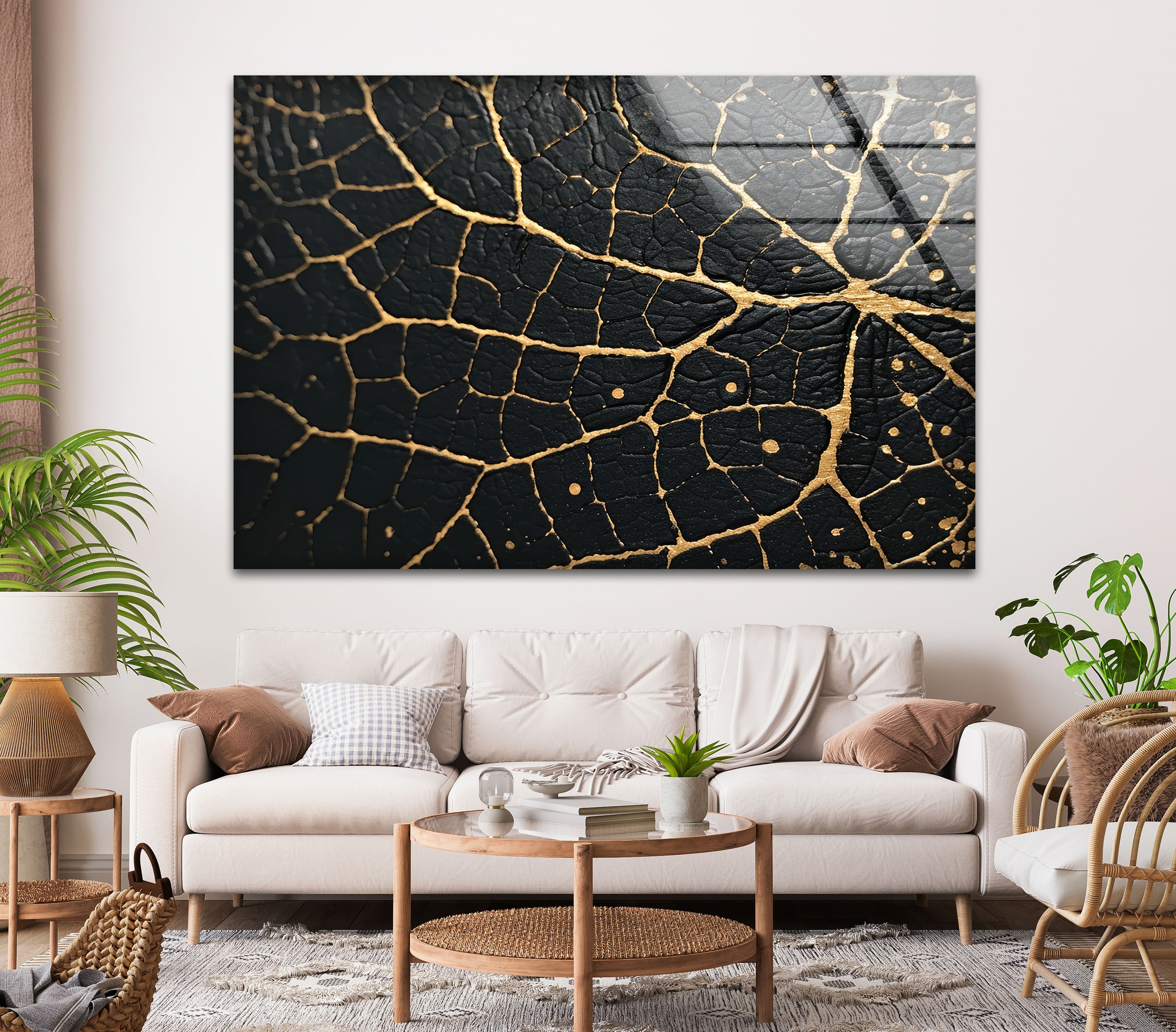 Black and Gold Abstract Glass Wall Art - Modern Home Decor for Living Room, Bedroom & Office - Elegant Handmade Glass Painting for Stylish Interiors