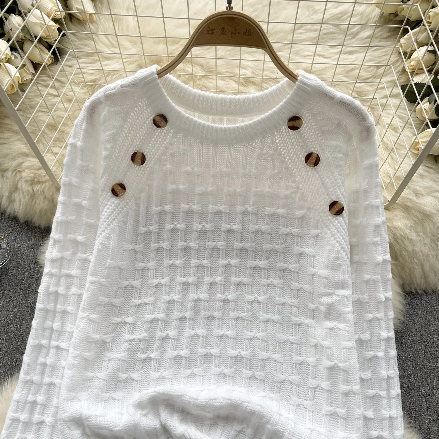 Women's Vintage White Long Sleeve Button-Up Sweater - Cozy Loose Knit Pullover with Bow Detail, Pink O-Neck Top for Fall Winter Fashion | Perfect for Office, Dating & Casual Outfits