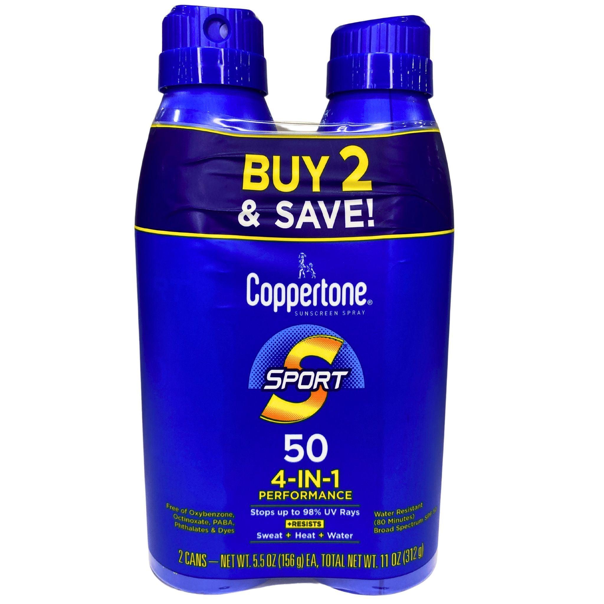 Coppertone Sunscreen Spray SPF 50 - Sport 4-in-1 Performance Formula - 11oz Twin Pack (70 Count Bulk) - Waterproof Sweatproof Protection for Outdoor Activities, Beach & Sports