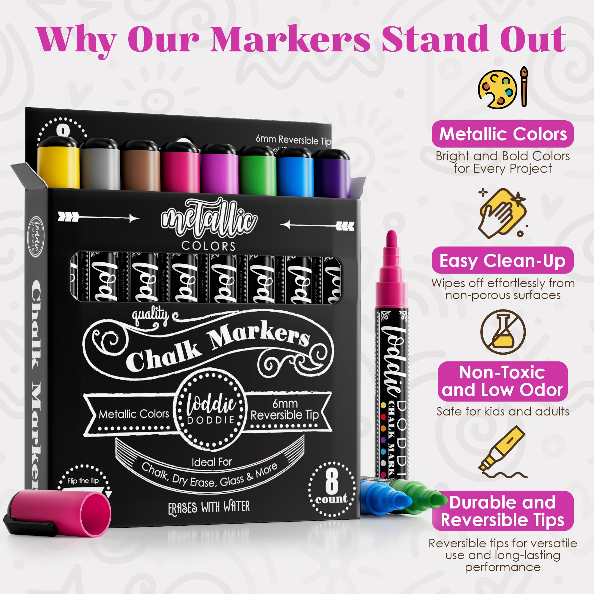 Loddie Doddie Metallic Liquid Chalk Markers - 8 Pack with 6mm Reversible Chisel & Bullet Tips - Erasable Chalk Pens for Chalkboards, Whiteboards, Glass & Windows - Perfect for Restaurants, Classrooms, Events & DIY Crafts