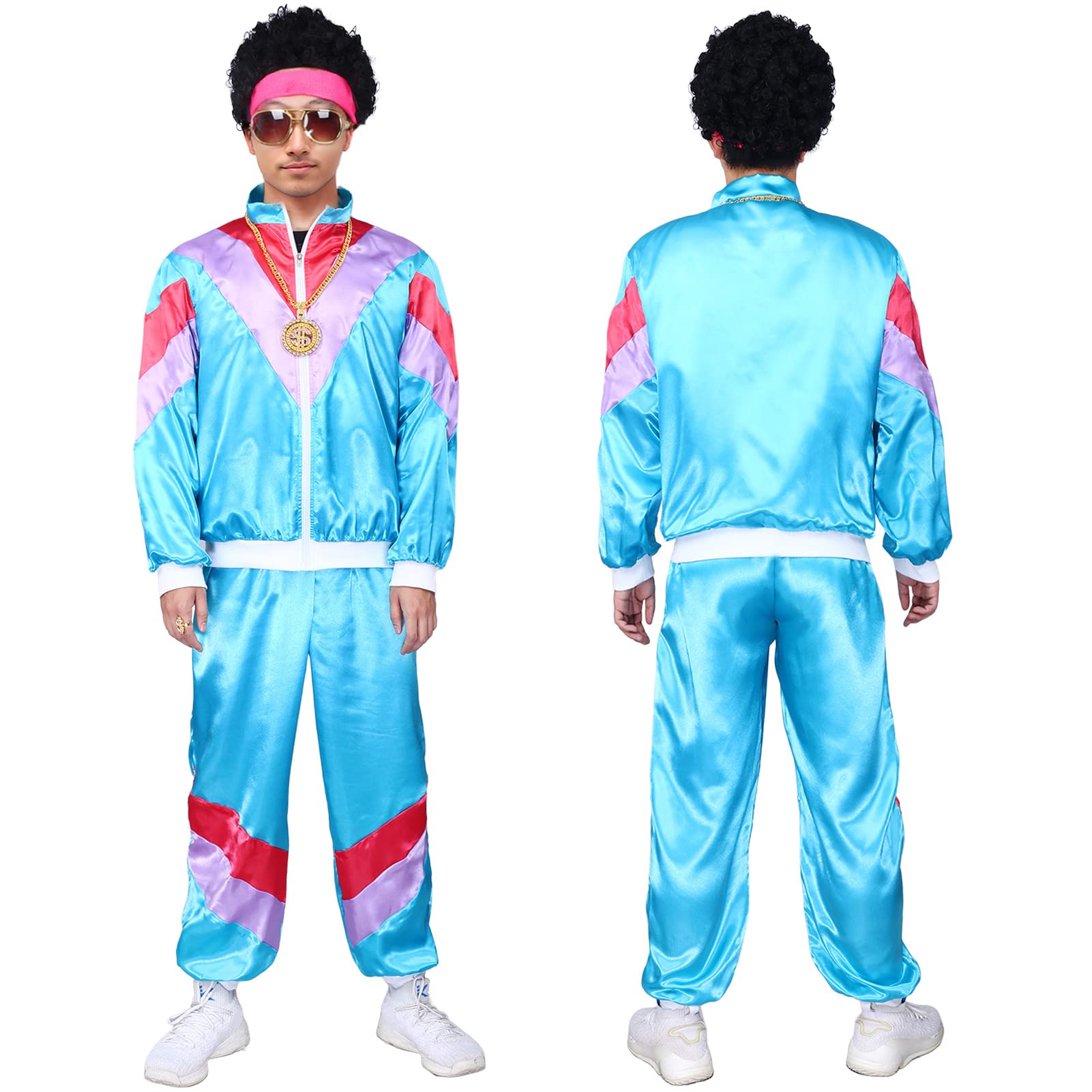 80s Tracksuit Costume with Phone, Radio, Glasses, Headband, Necklace, Ring & Bracelet - Retro Rockstar Outfit for Halloween, Carnival, Neon Theme Party & 80s Dress Up