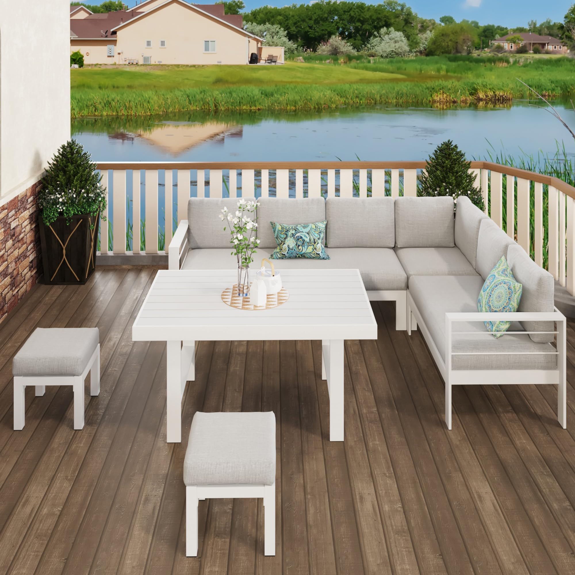 **Solaste Outdoor Patio Ottomans Set of 2 – Aluminum Foot Stools with Cushions, Light Grey – Perfect for Balcony, Backyard, Porch & Lawn – Durable & Comfortable Small Seat Furniture for Relaxing Outdoors**