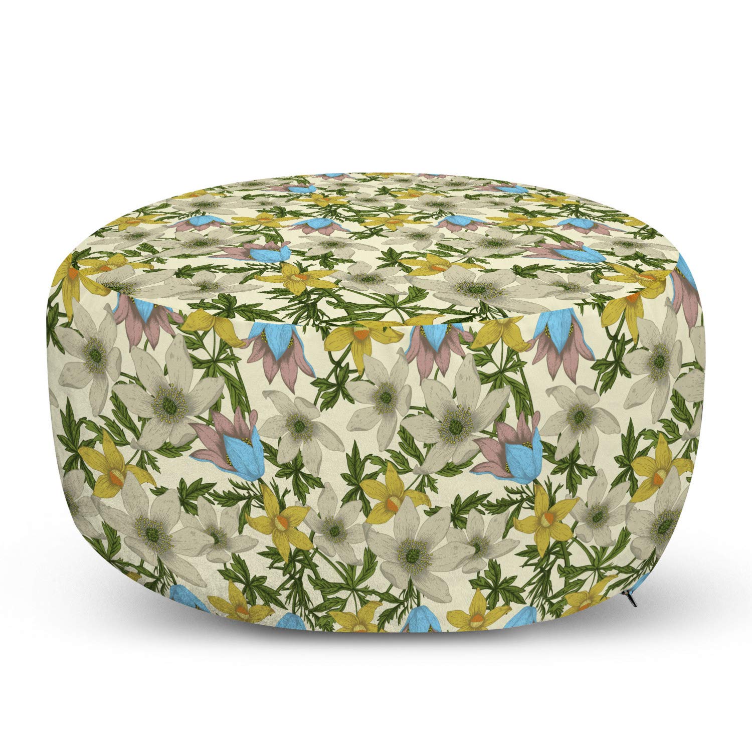 Ambesonne Floral Ottoman Pouf - Decorative Foot Rest with Removable Cover, Cream Multicolor Flowers on Neutral Background for Living Room & Bedroom - Perfect for Relaxing, Extra Seating & Home Decor