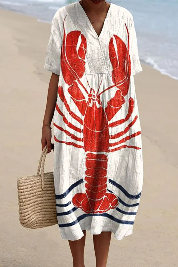 Stylish Marine Print V-Neck Short Sleeve Midi Dress for Women | Beach Vacation, Summer Outfits, Casual Wear