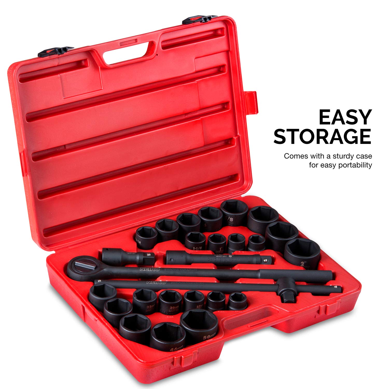 NEIKO 02499A 3/4-Inch Drive Jumbo Master Impact Socket Set - 27-Piece SAE & Metric Shallow Sockets (7/8