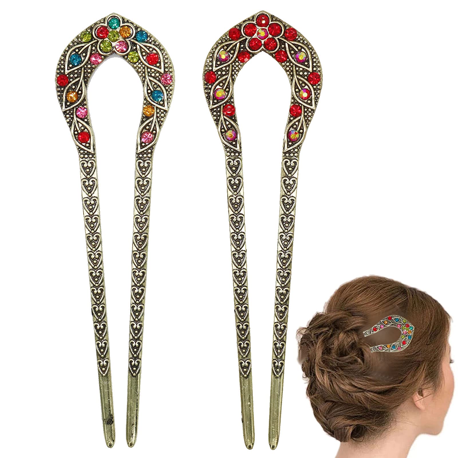 2 Pcs Vintage Crystal Rhinestone Hair Sticks - Double Prong Hair Pins for Chignon, Bun & Updo Hairstyles - Perfect for Weddings, Parties & Special Occasions