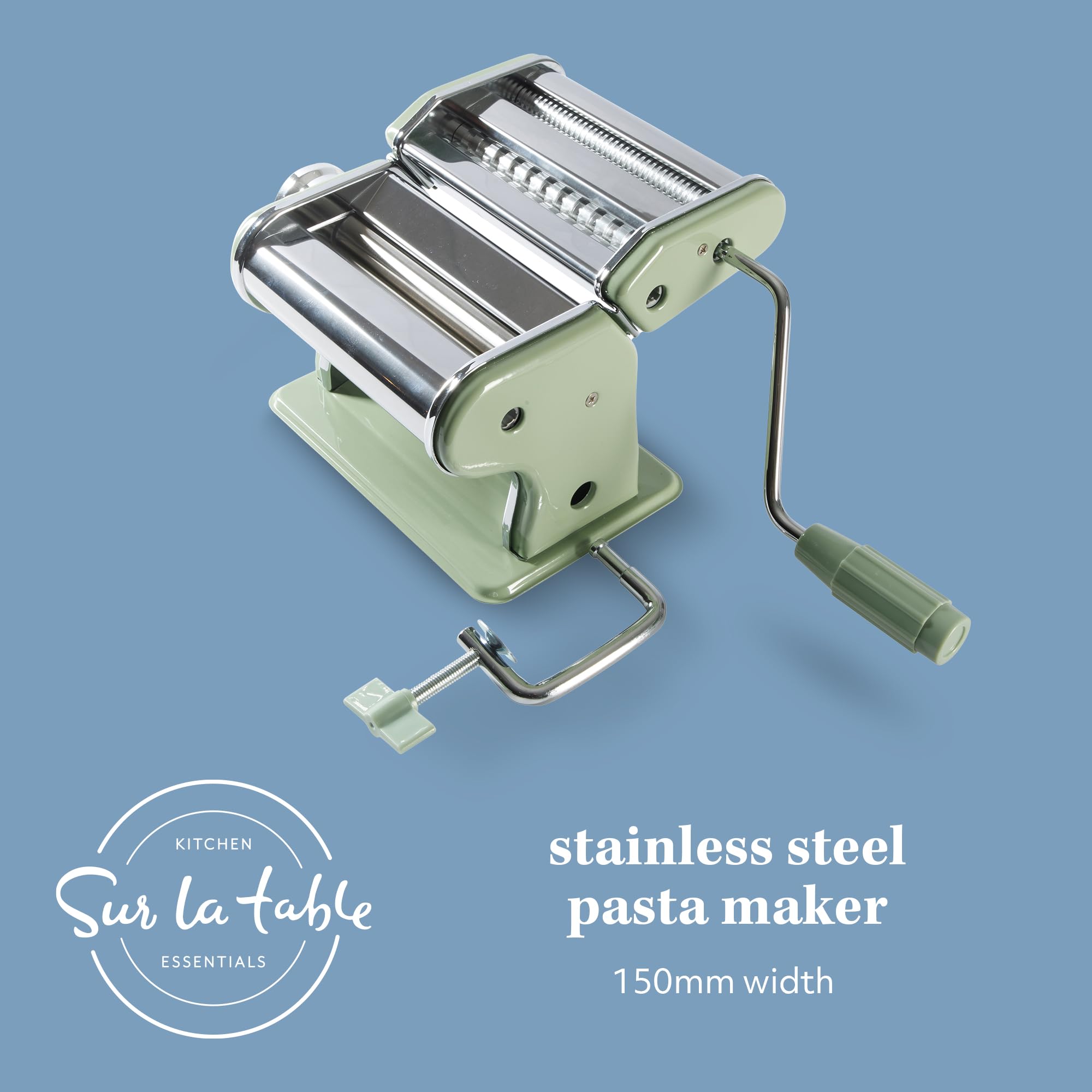 Sur La Table Manual Pasta Maker Machine - Stainless Steel & Juniper Green Noodle Maker with Rollers & Cutters for Spaghetti, Fettuccini, Lasagna & Dumpling Skins | Perfect for Home Cooking, Italian Cuisine & Family Meal Preparation