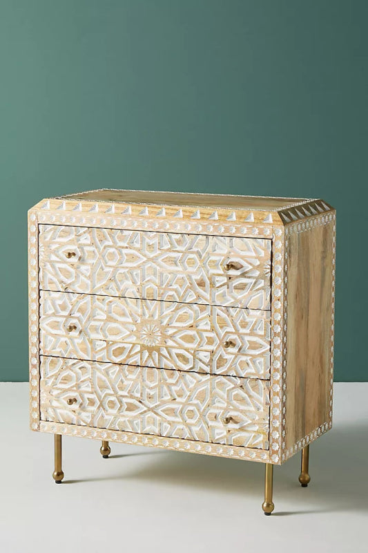 Hand Carved Albaron Three Drawer Dresser with Antique Brass Legs - Vintage Bedroom Furniture for Master Bedroom, Guest Room & Nursery Storage