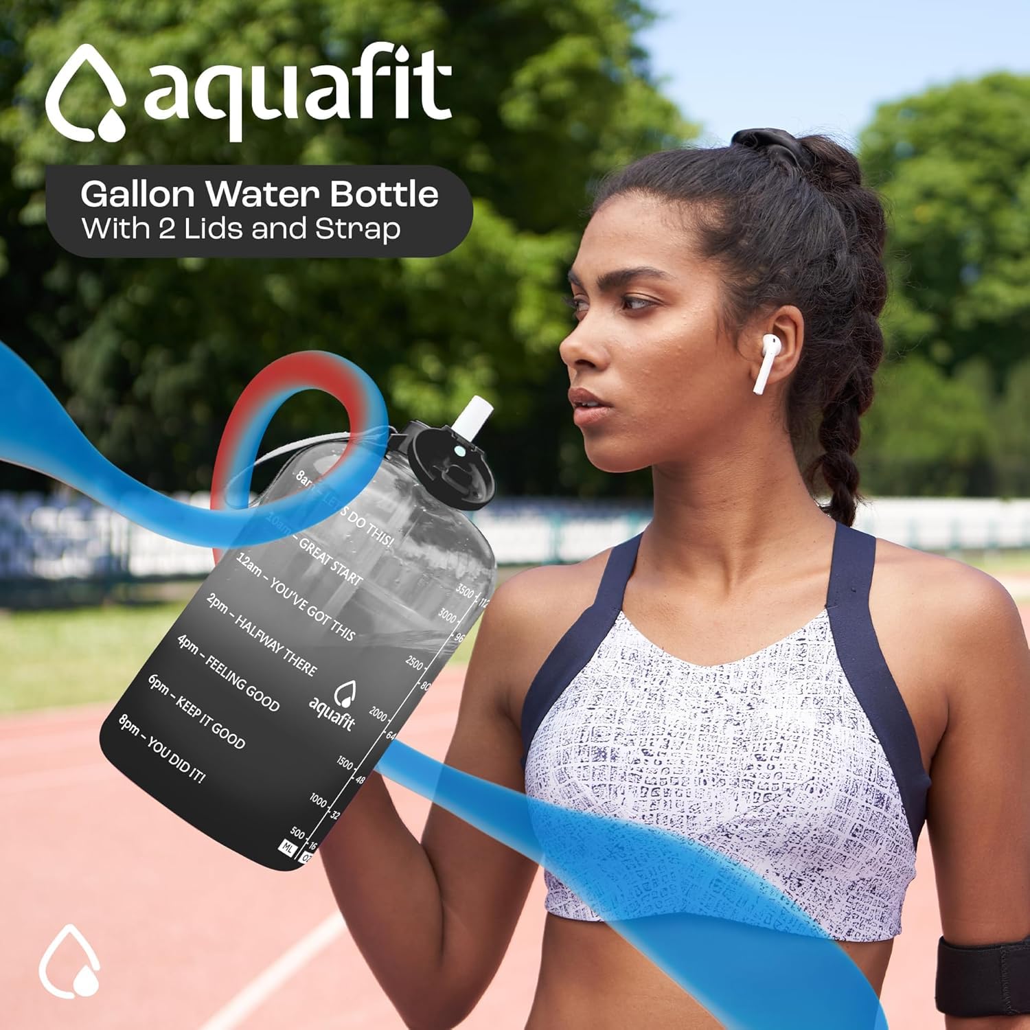 AQUAFIT 1 Gallon Water Bottle with Time Marker - BPA Free Large Water Bottle with Straw & Chug Lid - Motivational 128 oz Water Jug for Gym, Workout, Hiking & Outdoor Activities (Gray)