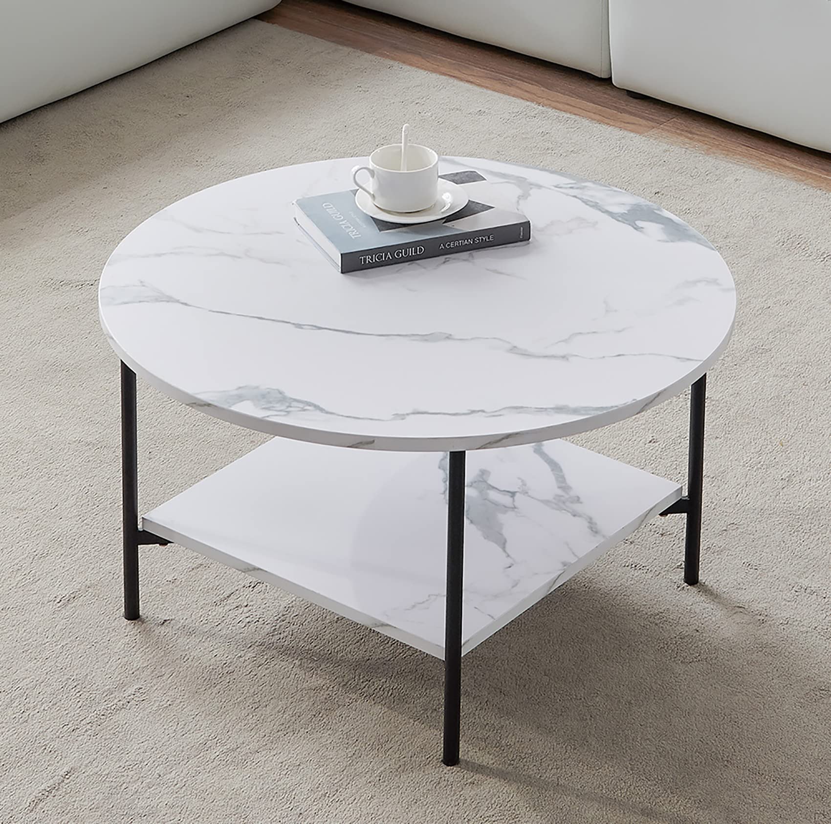 Modern Round Coffee Table with 2-Tier Storage Shelf - 31.5