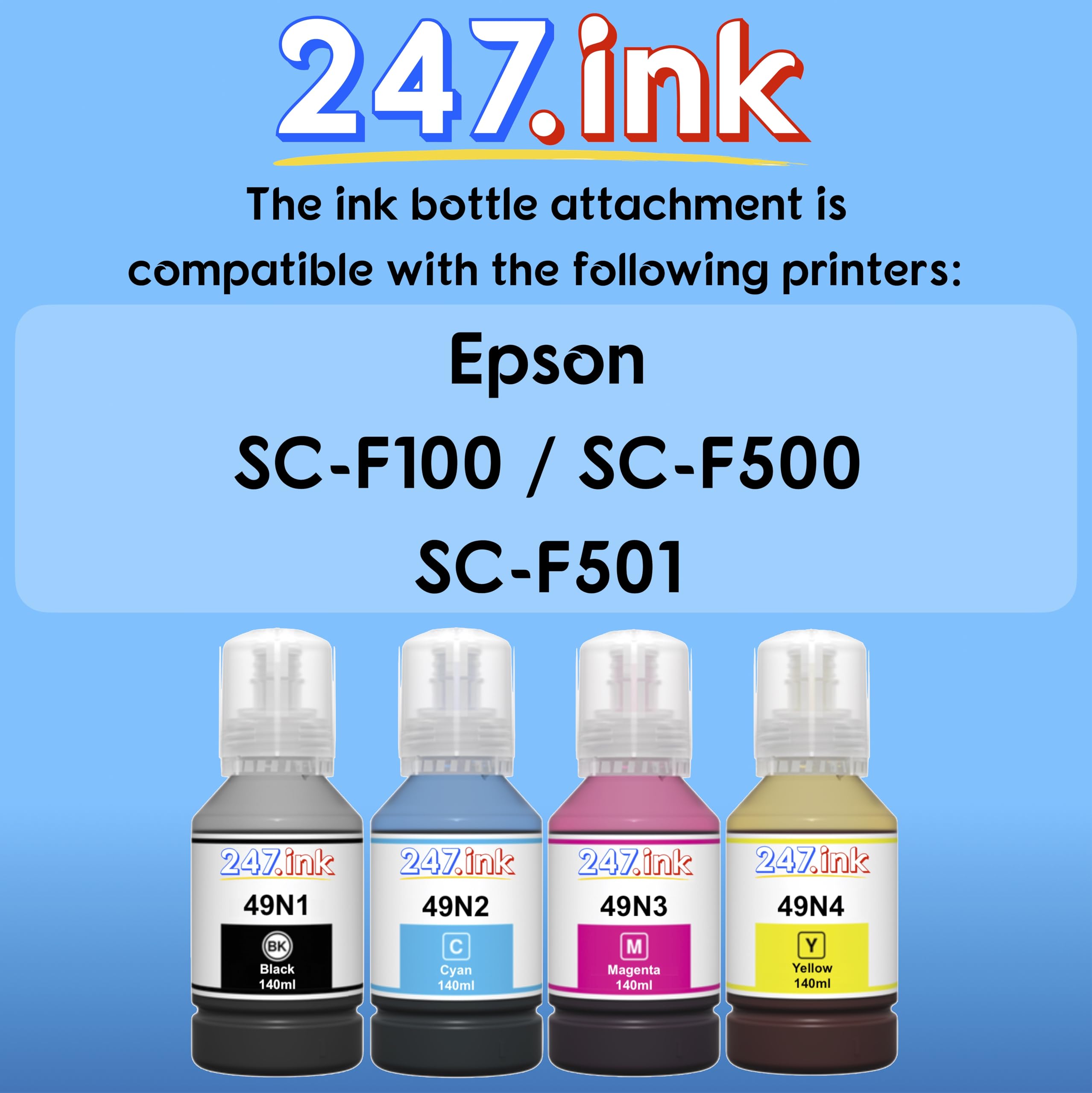 Epson SC-F100 SC-F500 SC-F501 Sublimation Ink Bottles Set - 4 Colors (Black, Cyan, Magenta, Yellow) | 247.ink High-Quality Compatible Ink for T-Shirt, Mug & Textile Printing | Perfect for DIY Craft & Small Business Sublimation Projects