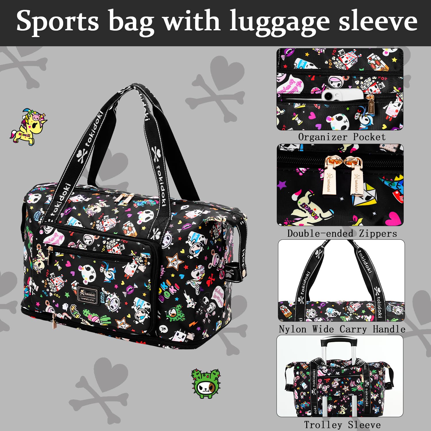 Tokidoki Waterproof Travel Duffel Bag - Weekender Carry On Tote for Women & Men | Gym, Sports, Weekend Getaway Essentials