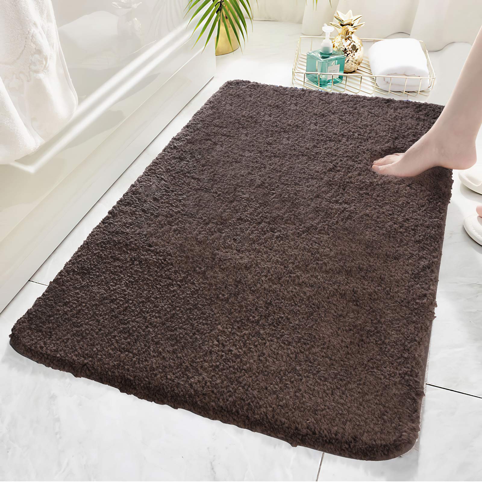 Non-Slip Soft Thick Shaggy Bath Rug 48x24 Inch - Water Absorbent Machine Washable Bathroom Carpet for Floor, Kitchen & Bedroom - COSY HOMEER Brown Rectangular Runner Area Rug Mats