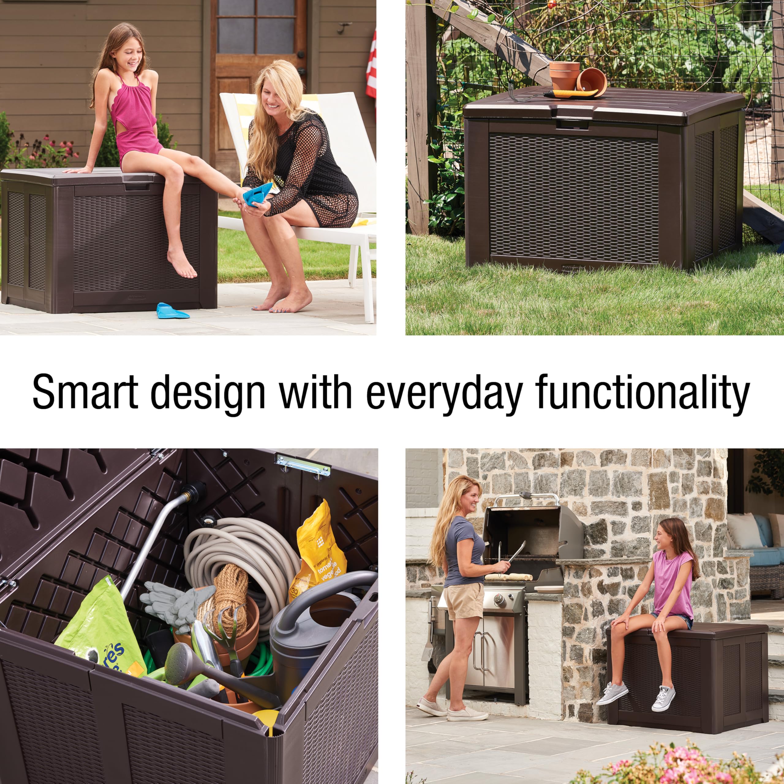 Rubbermaid 74-Gallon Medium Resin Outdoor Storage Deck Box - Weatherproof Brown Deck Organizer for Pool Toys, Garden Tools, Patio Cushions & Backyard Accessories | Perfect for Poolside, Patio & Garage Storage