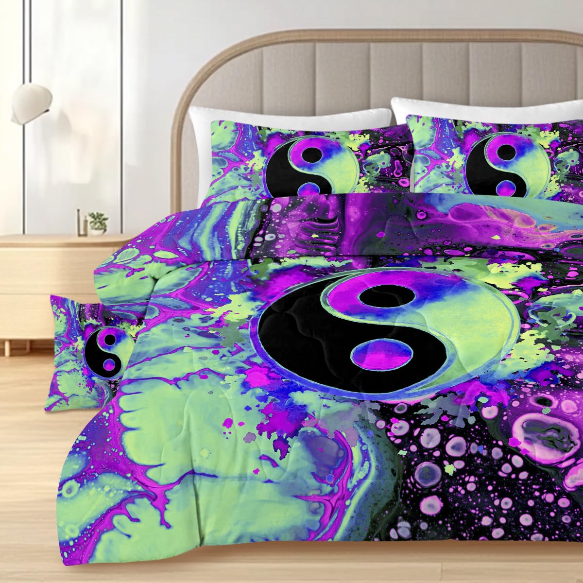 Sleepwish Yin Yang Queen Size Comforter Set - Purple & Turquoise Psychedelic Bedding 4pc with Pillow Cases & Cushion Cover | Boho Chic Bedroom Decor for Teens & Adults