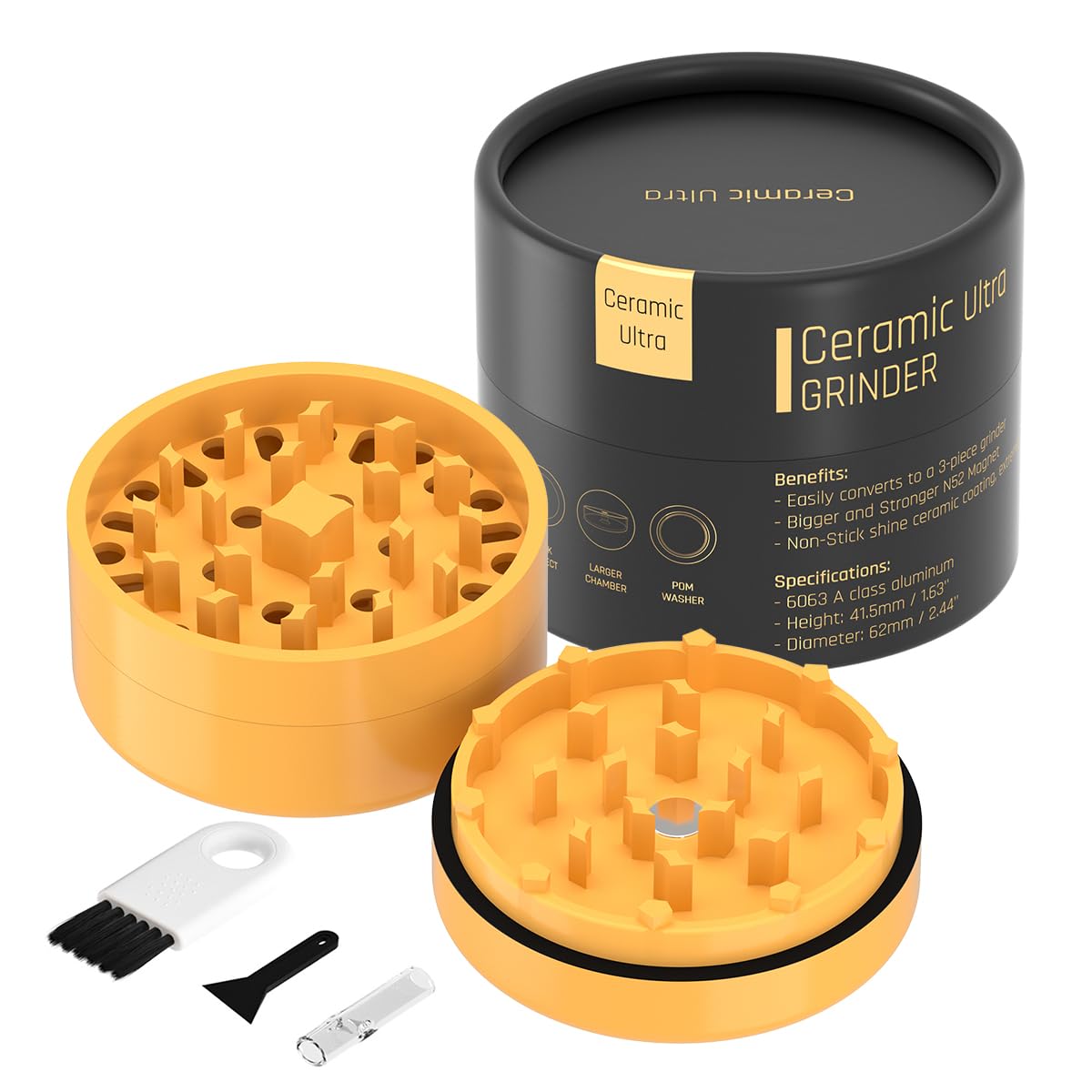 Premium Ceramic Herb Grinder - 62mm Ultra-Smooth Non-Stick Nano Ceramic Surface | Triple N52 Neodymium Magnet | Professional Spice & Herb Crusher Kit with Accessories | Perfect for Grinding Herbs, Spices & Tobacco for Smooth Smoking Experience