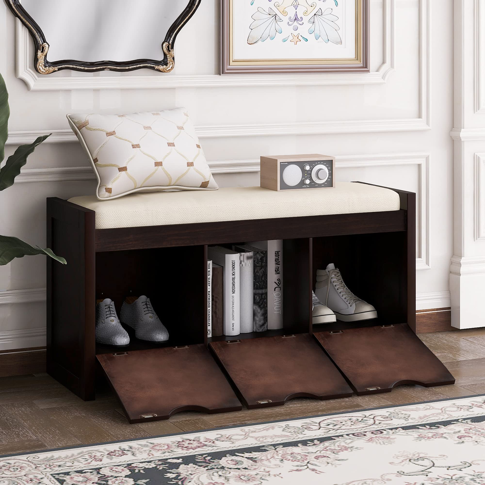 Storage Bench with Removable Cushion & 3 Flip-Lock Storage Cubbies - Entryway Shoe Bench for Living Room, Hallway & Bedroom Organization - Perfect for Shoes, Blankets & Home Decor Storage