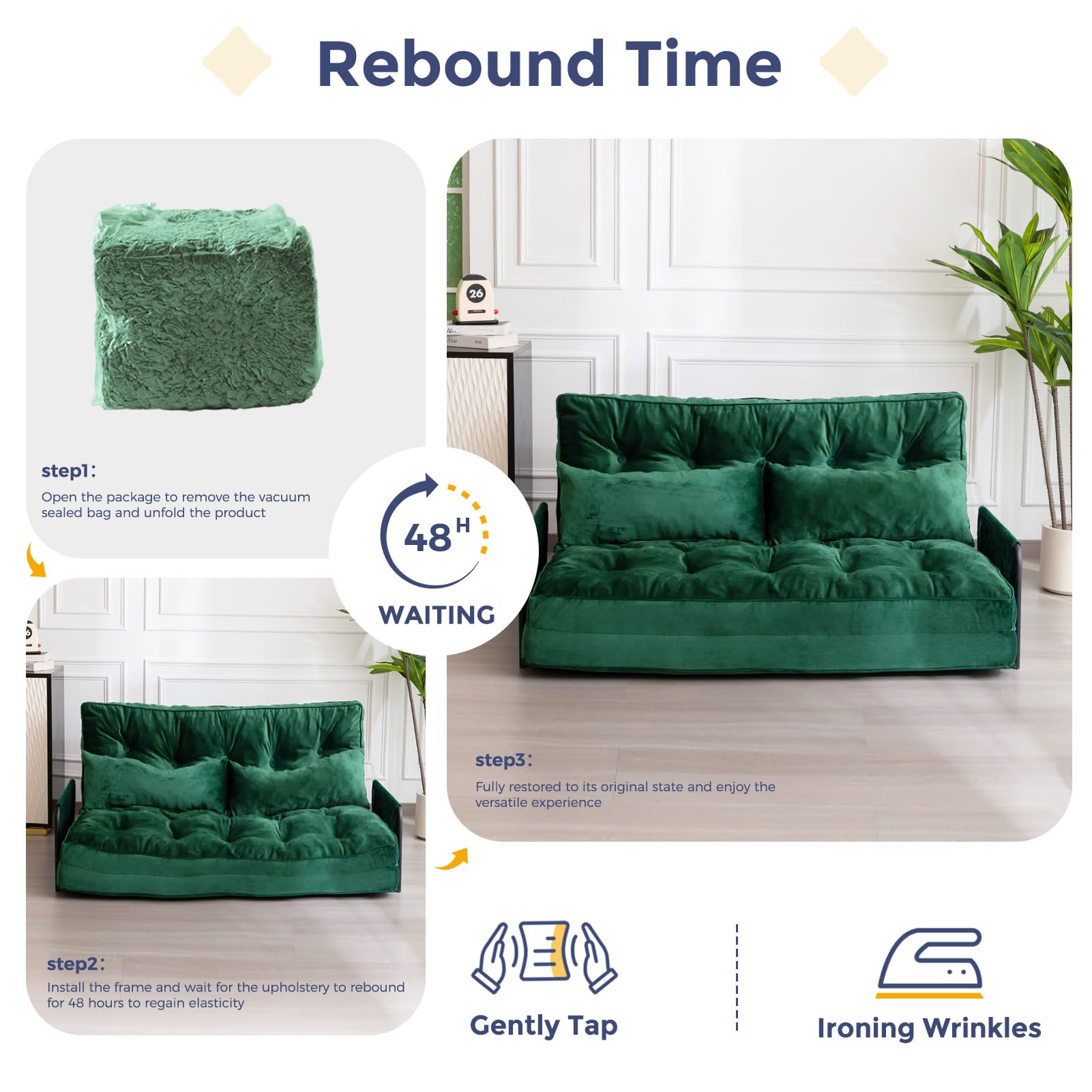 MAXYOYO Adjustable Floor Sofa Couch - Velvet Convertible Lazy Sofa Sleeper Bed with Pillows & Armrest, Double Size in Green | Perfect for Small Spaces, Living Rooms & Guest Beds