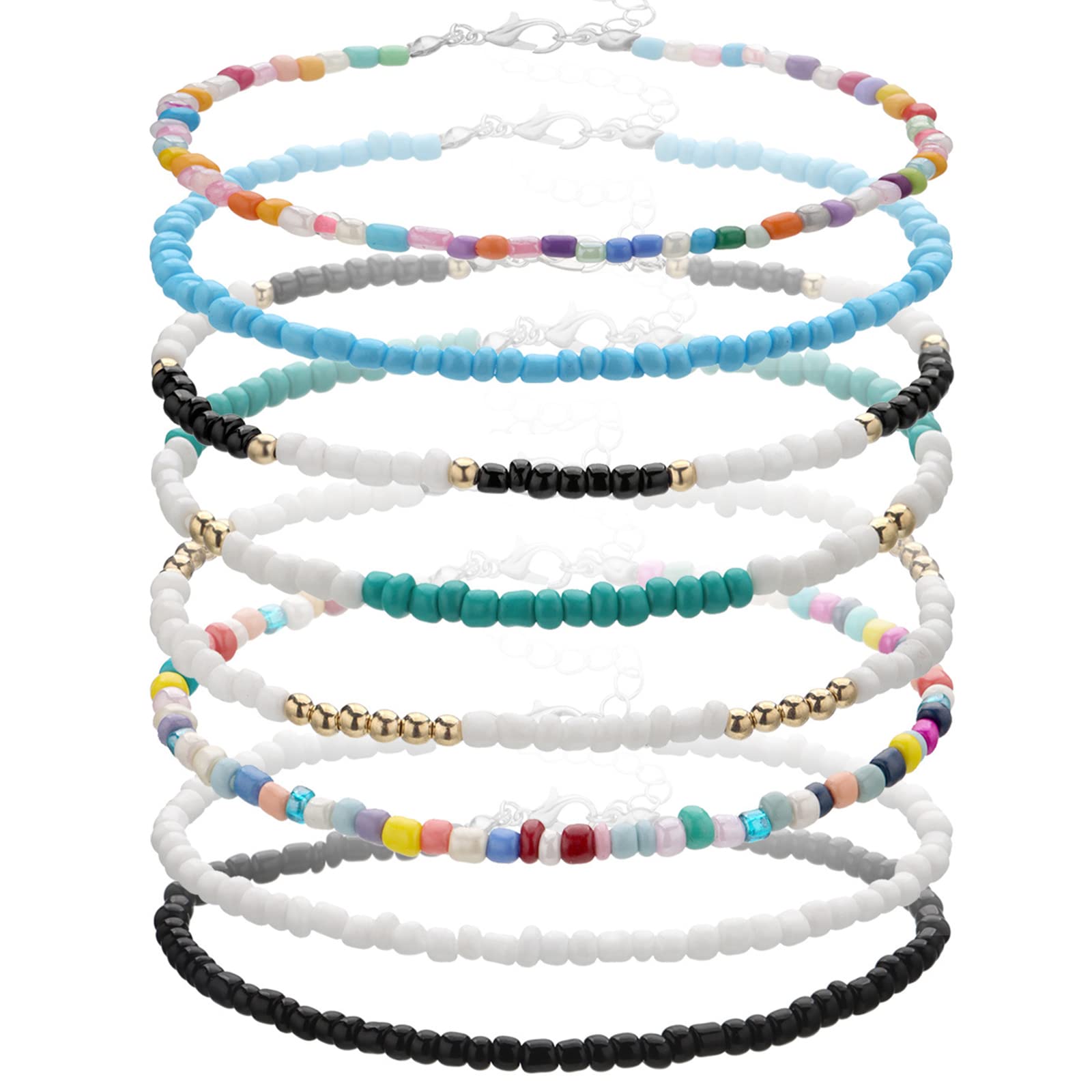 VEGCOO 8 Pcs Bohemian Anklet Bracelet Set - Handmade Adjustable Beaded Ankle Bracelet with Colorful Glass Beads, Foot Jewelry for Women & Girls - Perfect for Beach, Summer & Festival Outfits
