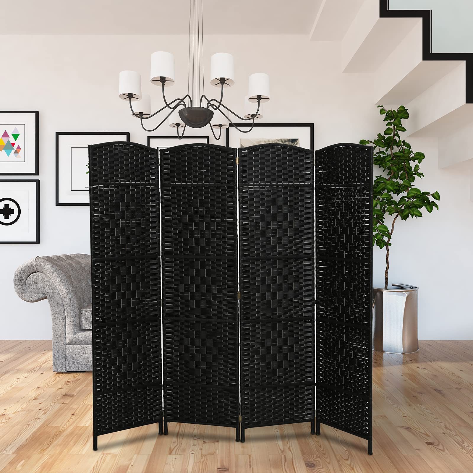 ECOMEX 4 Panel Wood Room Divider - 5.8ft Tall Folding Privacy Screen, Freestanding Portable Room Partition for Home & Office - Temporary Wall Divider for Bedroom, Living Room, Studio (Black)
