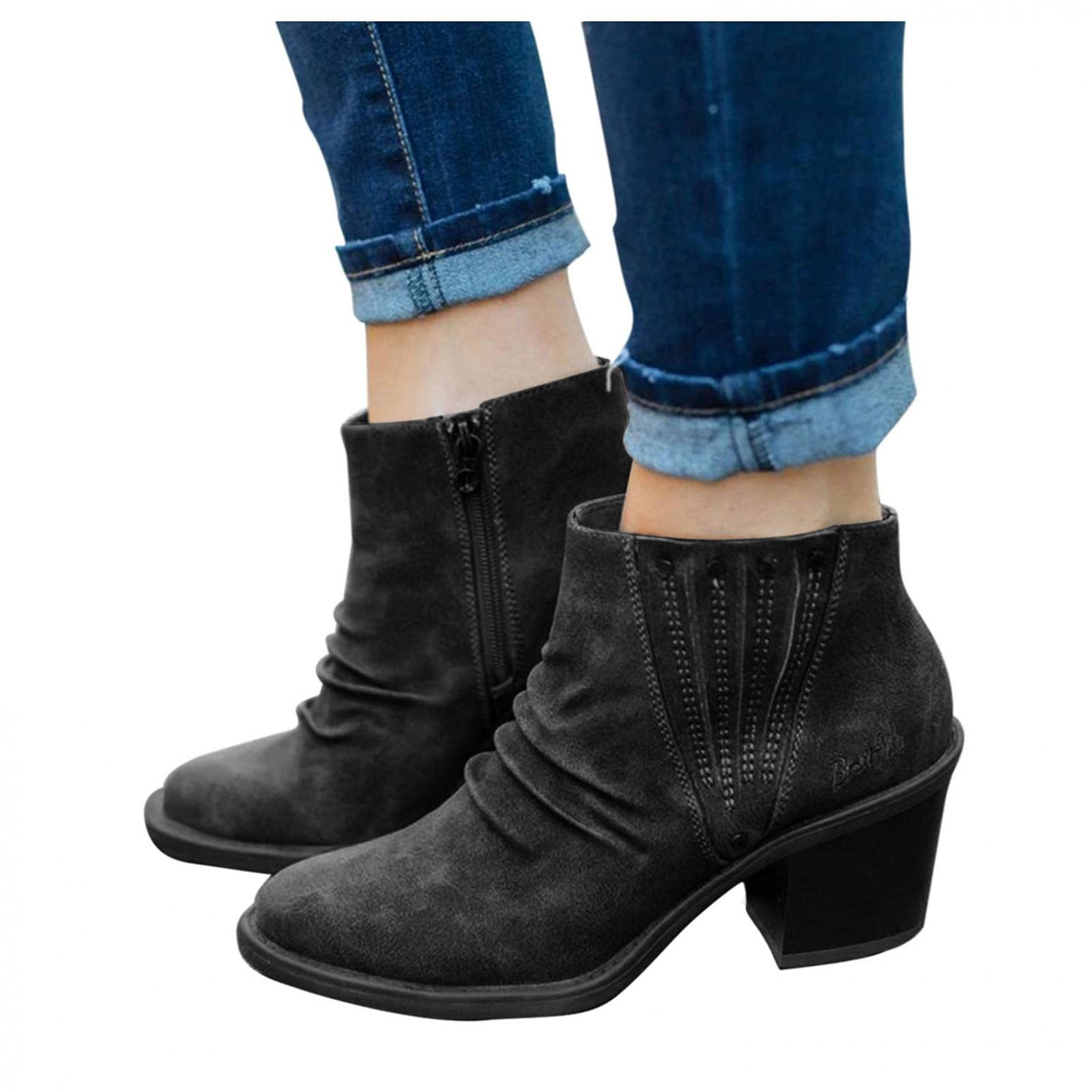 UOCUFY Women's Winter Booties - Round Toe Suede Wedge Shoes with Chunky Zipper, Slouch Ankle Boots for Casual Outfits & Cold Weather Fashion