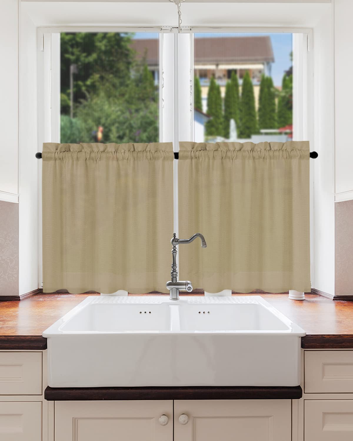 JENSENER Airy Tier Curtains - Waffle Woven Textured Short Window Curtains for Kitchen, Cafe & Kids Room - Waterproof Window Treatments with Rod Pocket (Taupe, 30