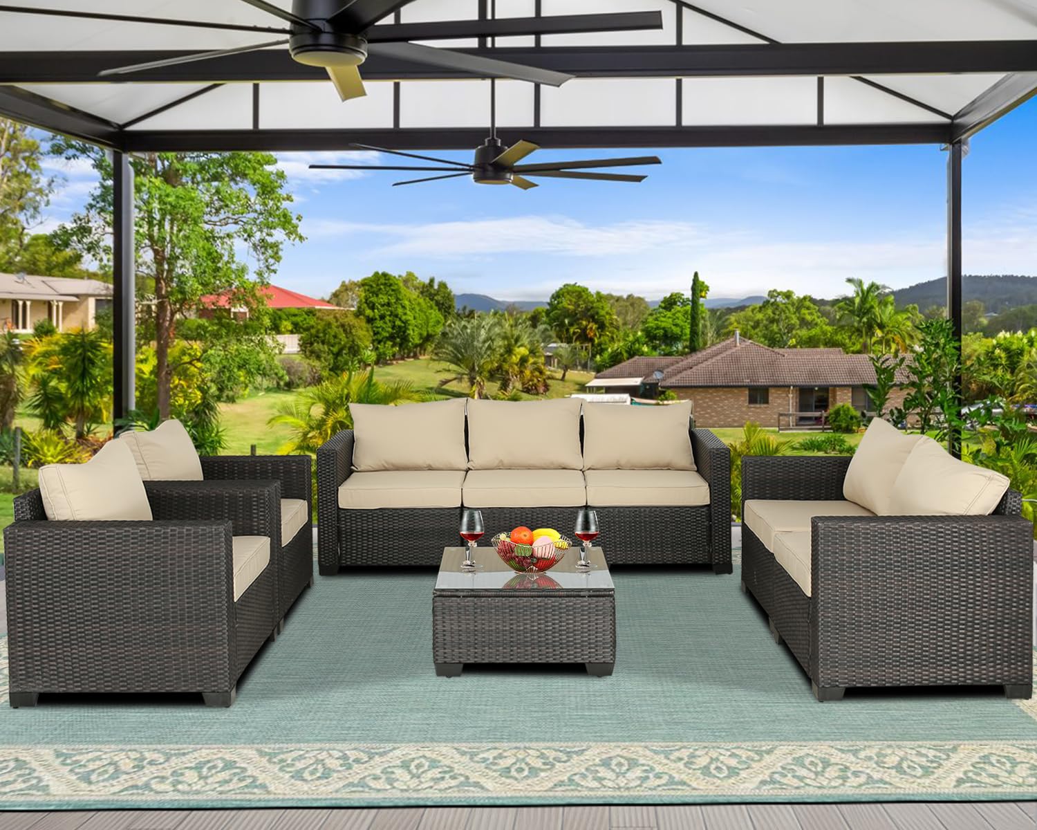 Outdoor Patio Furniture Set 8-Piece Rattan Conversation Set with Table - Brown Beige Wicker Chairs for Backyard, Garden, Balcony, Porch & Poolside - Perfect for Relaxing, Entertaining & Outdoor Dining