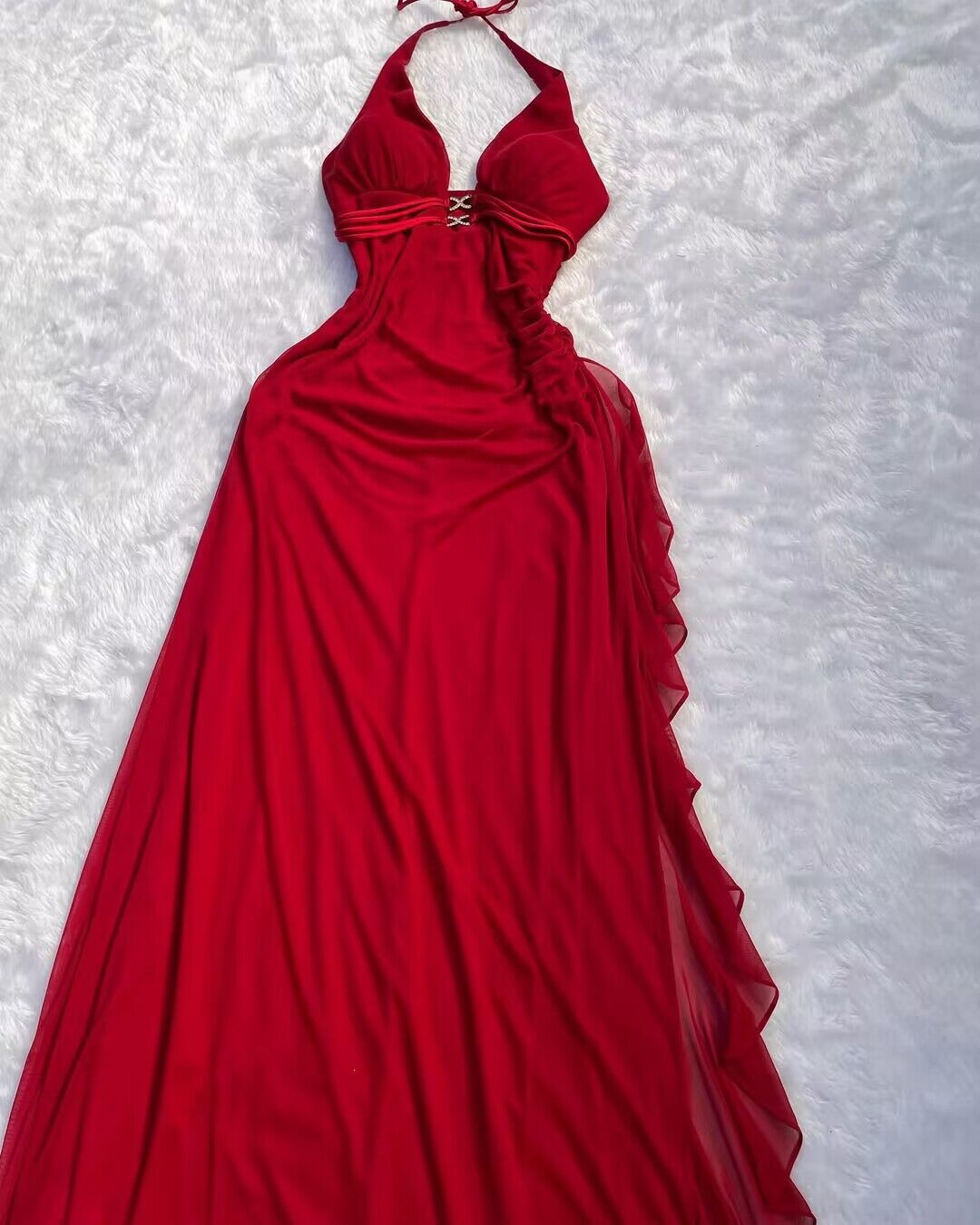 Elegant Red A-Line Long Prom Dress with Ruffles - J2742 | Formal Evening Gown for Homecoming, Ball, and Special Occasions
