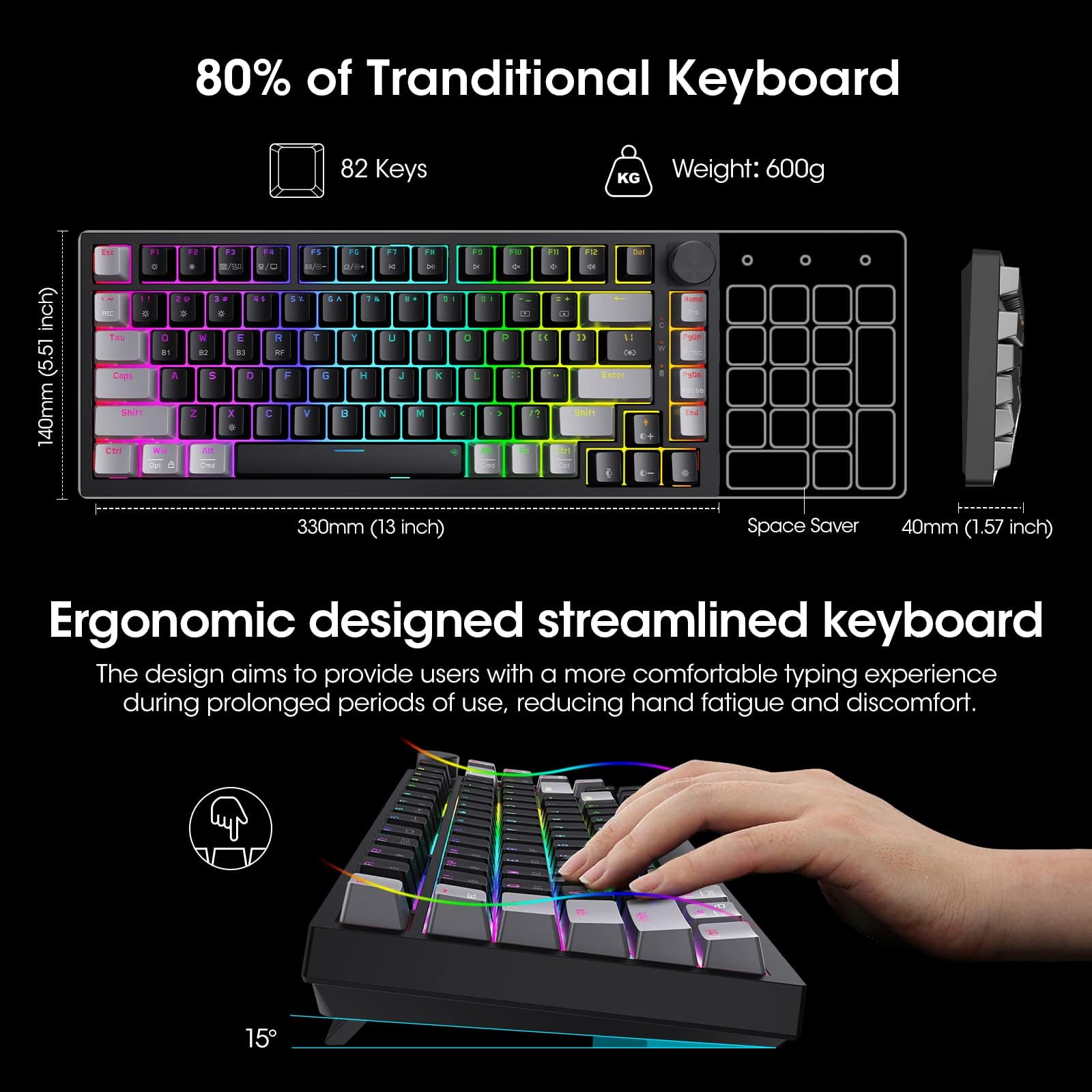 KOORUI 75% Wireless RGB Gaming Keyboard - BT/2.4G/USB-C, 82 Keys for PC Gaming