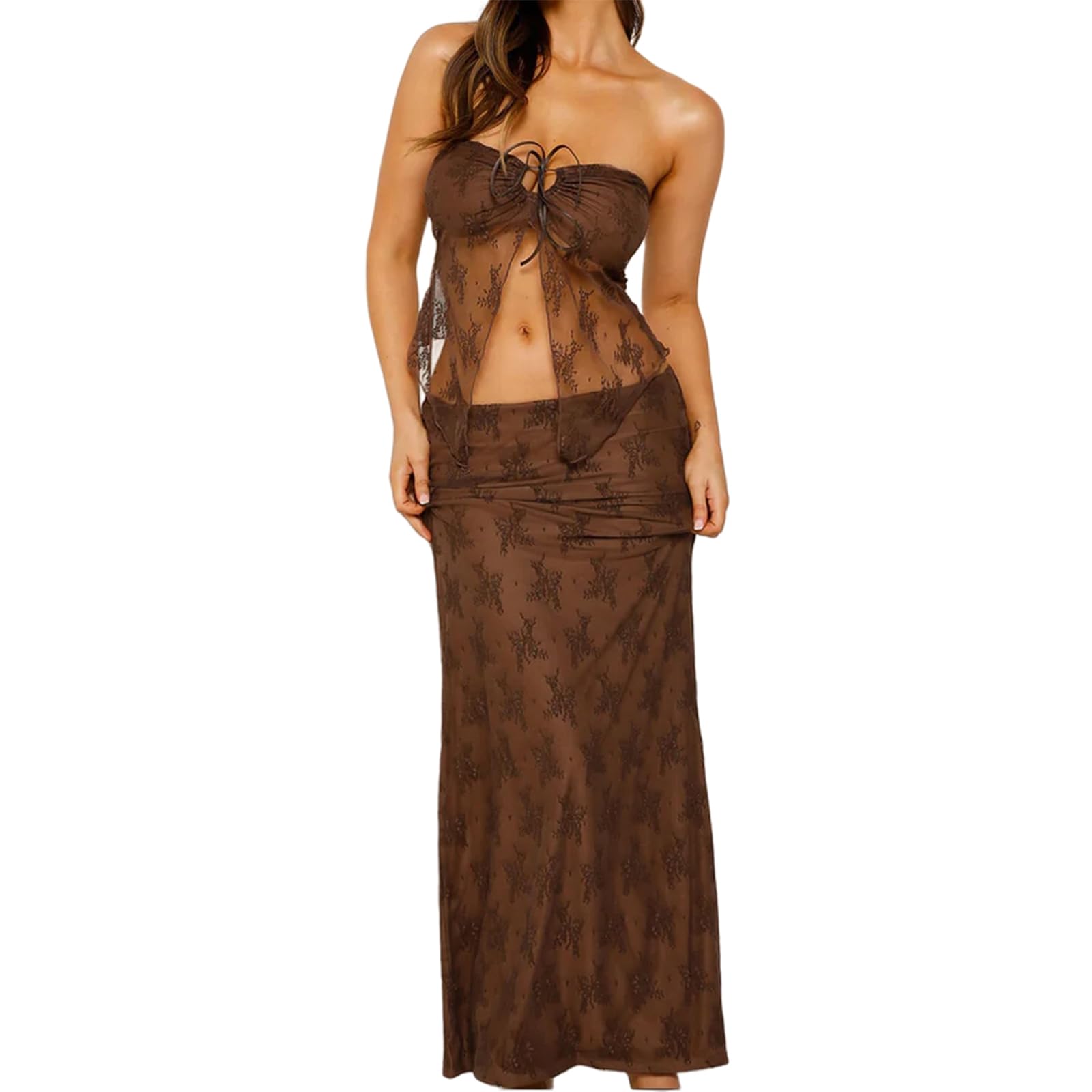 Sexy Y2K Women's Two Piece Set - Lace Tube Top & Maxi Skirt Summer Outfit for Party, Club & Streetwear | Slim Fit Fashion for Beach Vacations & Night Out
