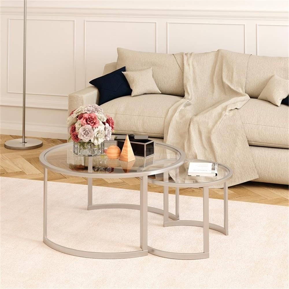 Modern Metal Two-Tier Glass Top Coffee Table in Nickel & Gray - Perfect for Living Room, Office, or Lounge Decor