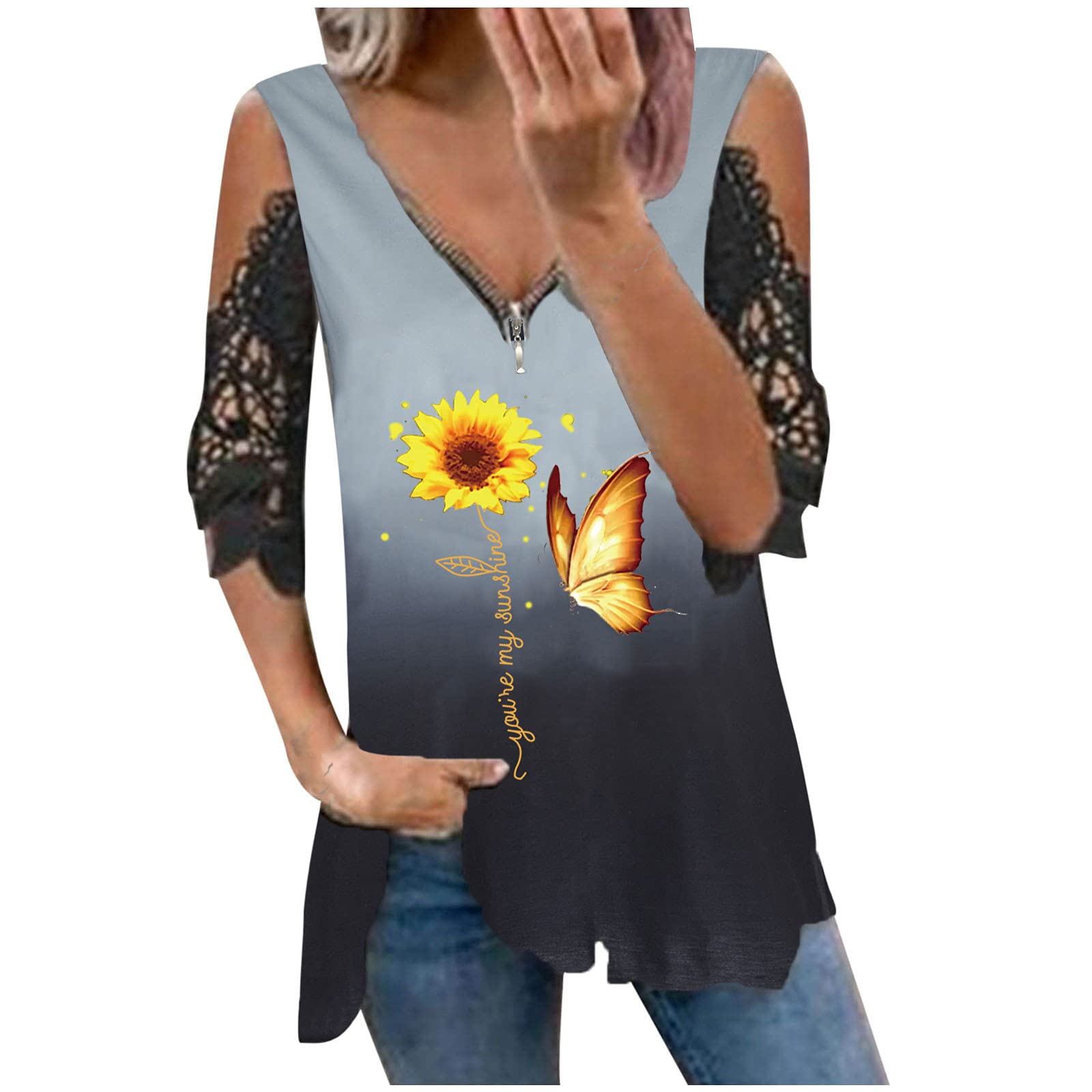 Butterfly Print V-Neck T-Shirt for Women - Plus Size Summer Tops, Sexy Casual Blouse for Outdoor, Party & Vacation Wear