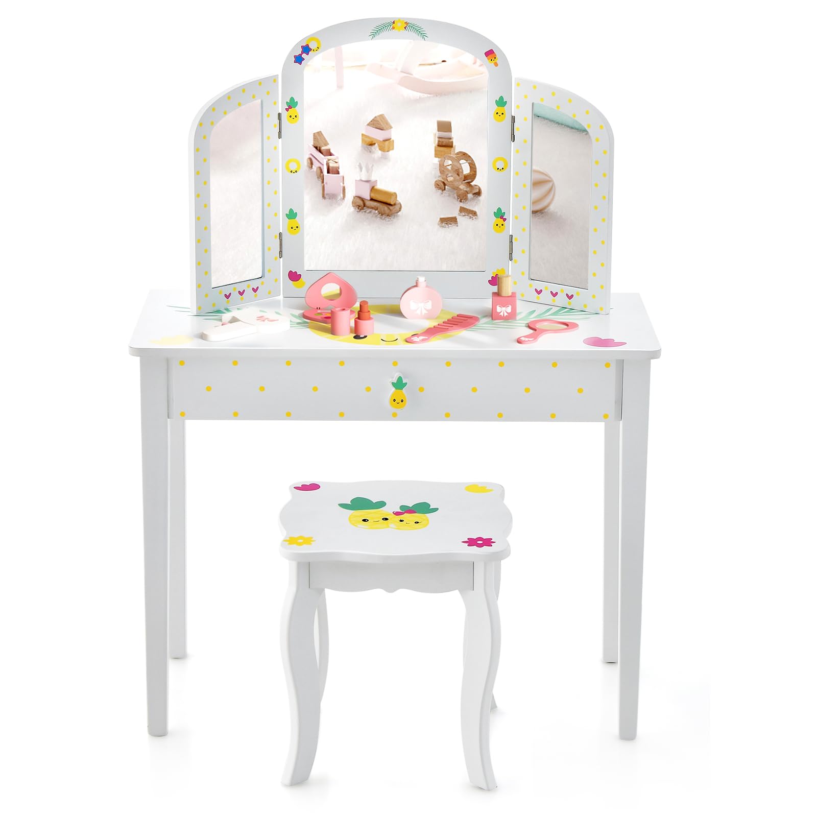 Costzon Kids Vanity Table with Tri-Folding Mirror & Drawer - Princess Makeup Dressing Set for Girls, 2-in-1 Detachable Top Pretend Play Beauty Station (Fruit Pattern) - Perfect for Bedroom Decor & Role Play Gifts