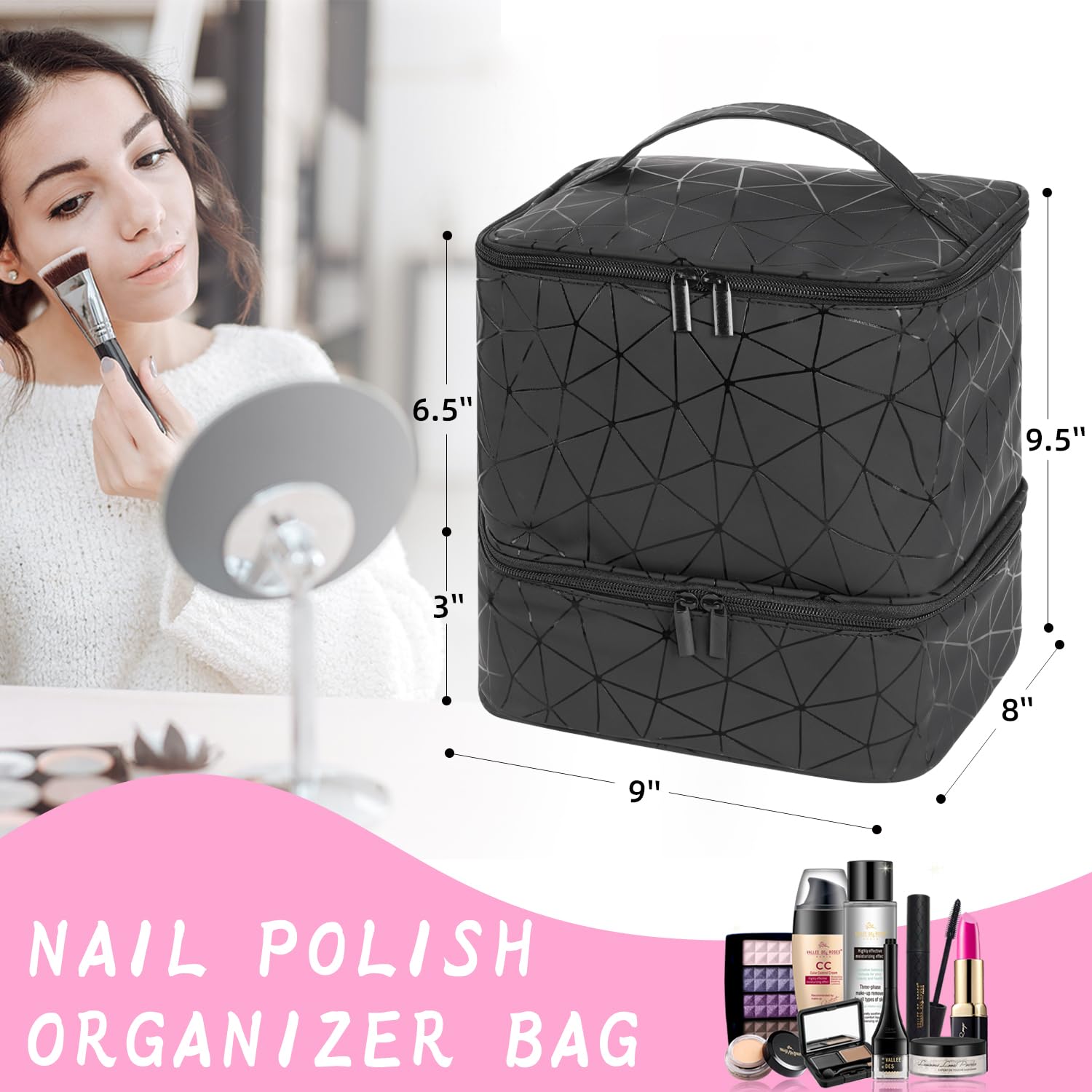 30 Bottle Nail Polish Organizer Bag with Nail Lamp - Double Layer PU Leather Travel Storage Case for Manicure Set | Portable for Salon, Home & Travel Use (Black)