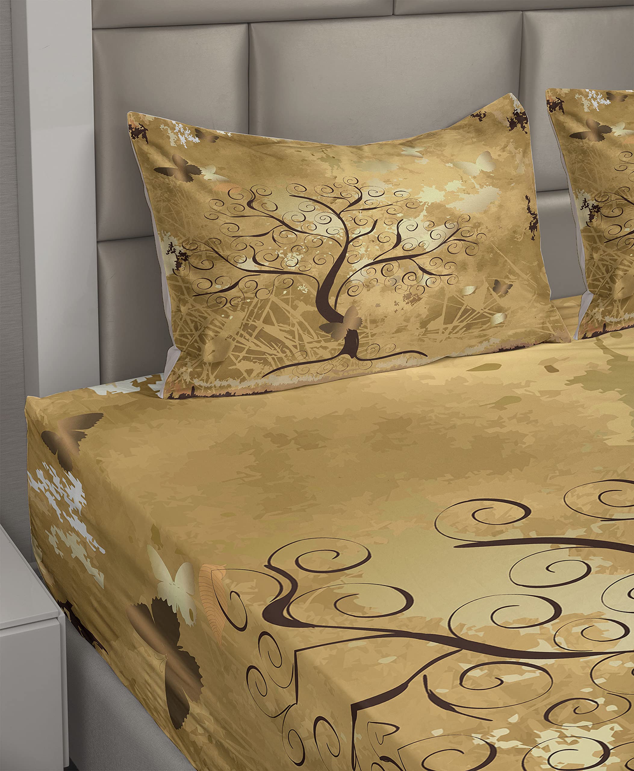 Ambesonne Tree Sheet Set 4-Piece - Grunge Style Swirled Branches & Butterfly Silhouettes - King Size Brown & Pale Brown Bedding - Fitted & Flat Sheets with Pillowcases - Perfect for Boho & Nature-Inspired Bedrooms