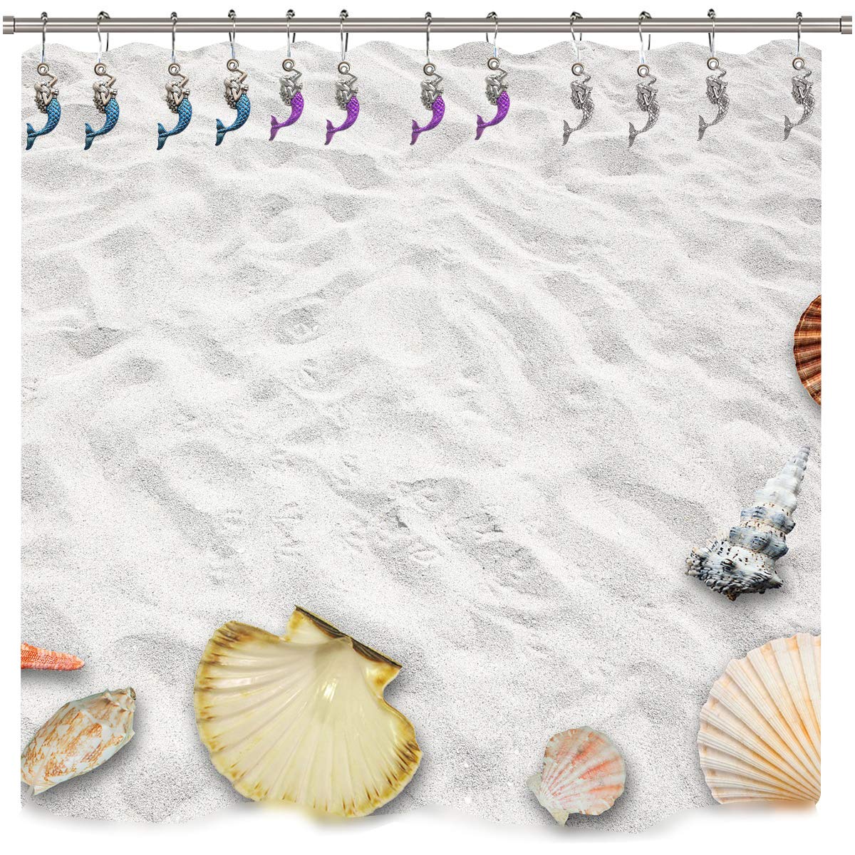 Rust-Proof Silver Metal Sea Mermaid Shower Curtain Hooks & Rings - 12PCS Ocean-Themed Bathroom Decor for Beach Style Showers | Waterproof Durable Shower Accessories for Coastal, Nautical & Mermaid Bathroom Designs