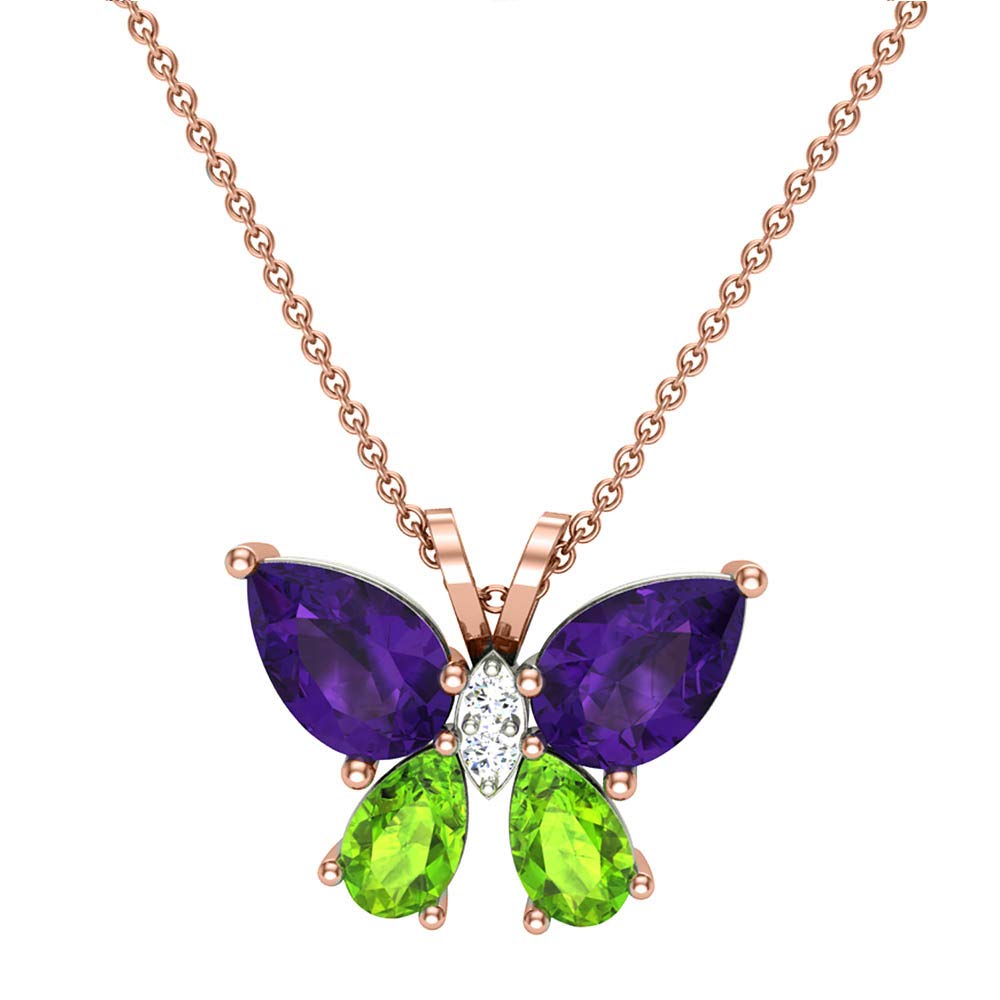 14K/18K White/Yellow/Rose Gold IGI Certified 0.026ct Diamond & Amethyst/Peridot Butterfly Pendant Necklace for Women - Elegant Jewelry Gift for Birthday, Anniversary & Valentine's Day