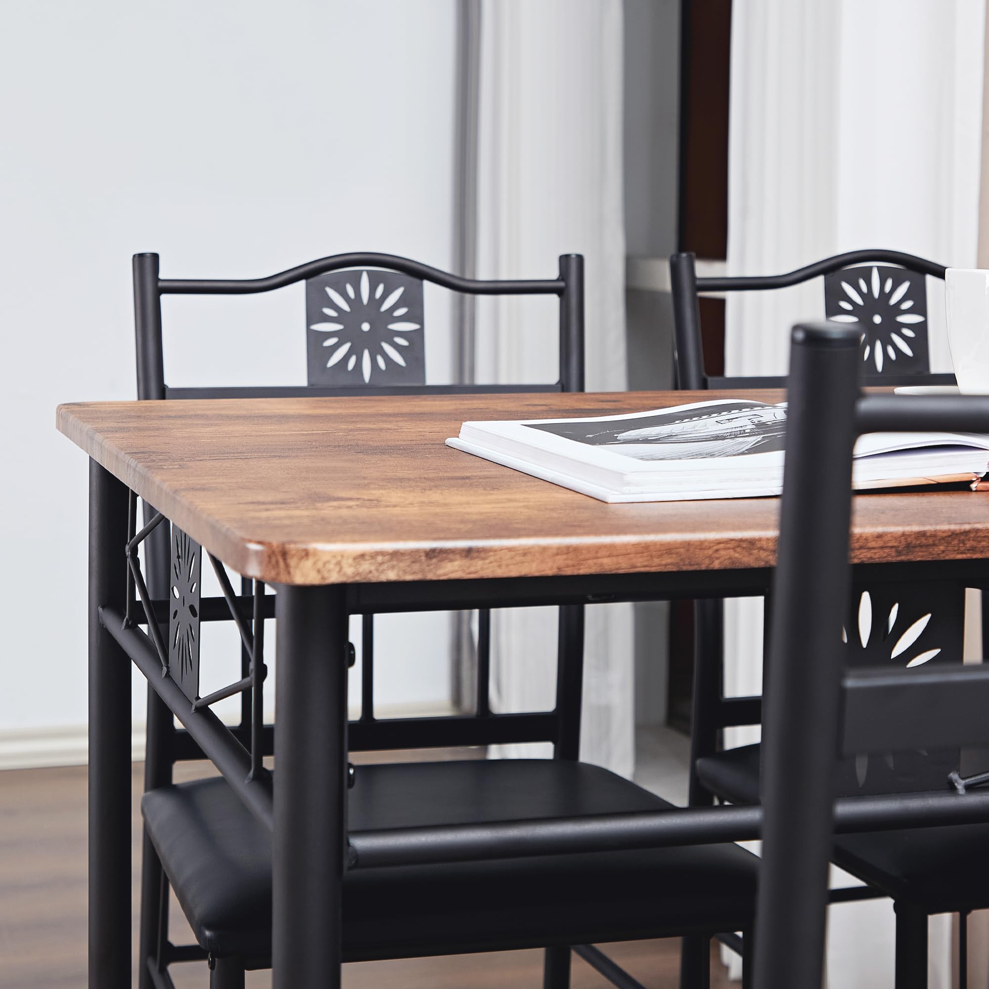 VECELO 5-Piece Retro Brown Kitchen Dining Table Set with Metal & Wood Rectangular Table and 4 Chairs - Perfect for Breakfast Nook, Small Space Dining, and Cozy Family Meals