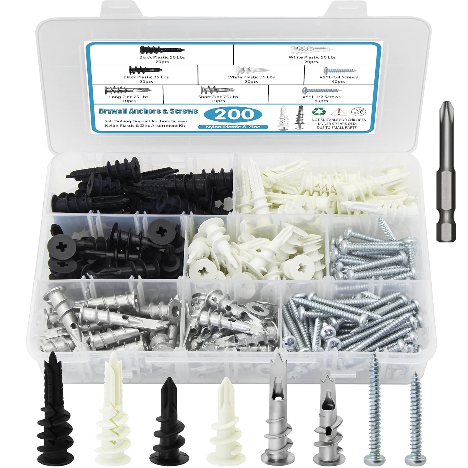 200PCS Self-Drilling Drywall Anchors & Screws Kit - Heavy Duty Zinc & Nylon Anchors for Drywall, Sheetrock, Hollow Doors & Plaster Walls | Perfect for Hanging Pictures, Shelves, Mirrors & Home Decor