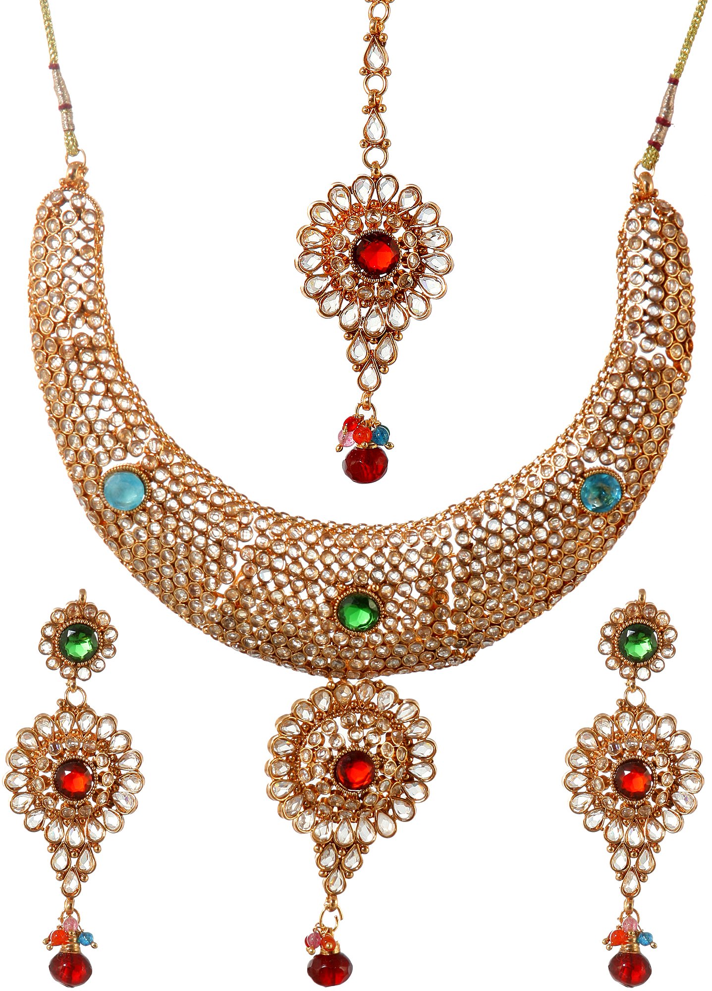 Exotic Indian Polki Necklace Set with Tika - Handcrafted Copper Alloy & Cut Glass Jewelry for Weddings, Parties & Ethnic Fashion
