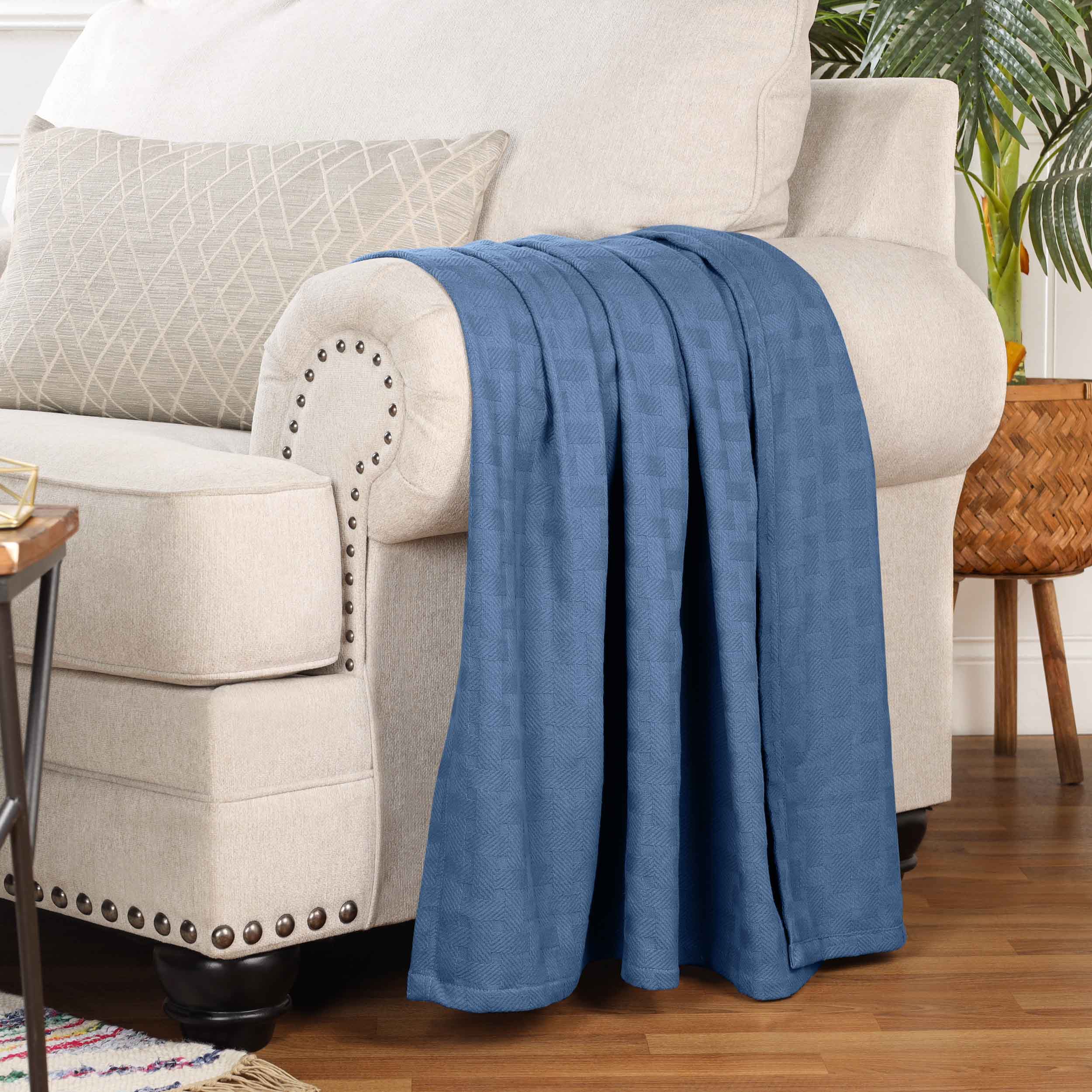 Soft Basketweave All-Season Cotton Bed Blanket & Sofa Throw - Lightweight Breathable Blanket for Bedroom, Living Room, Travel and Outdoor Use