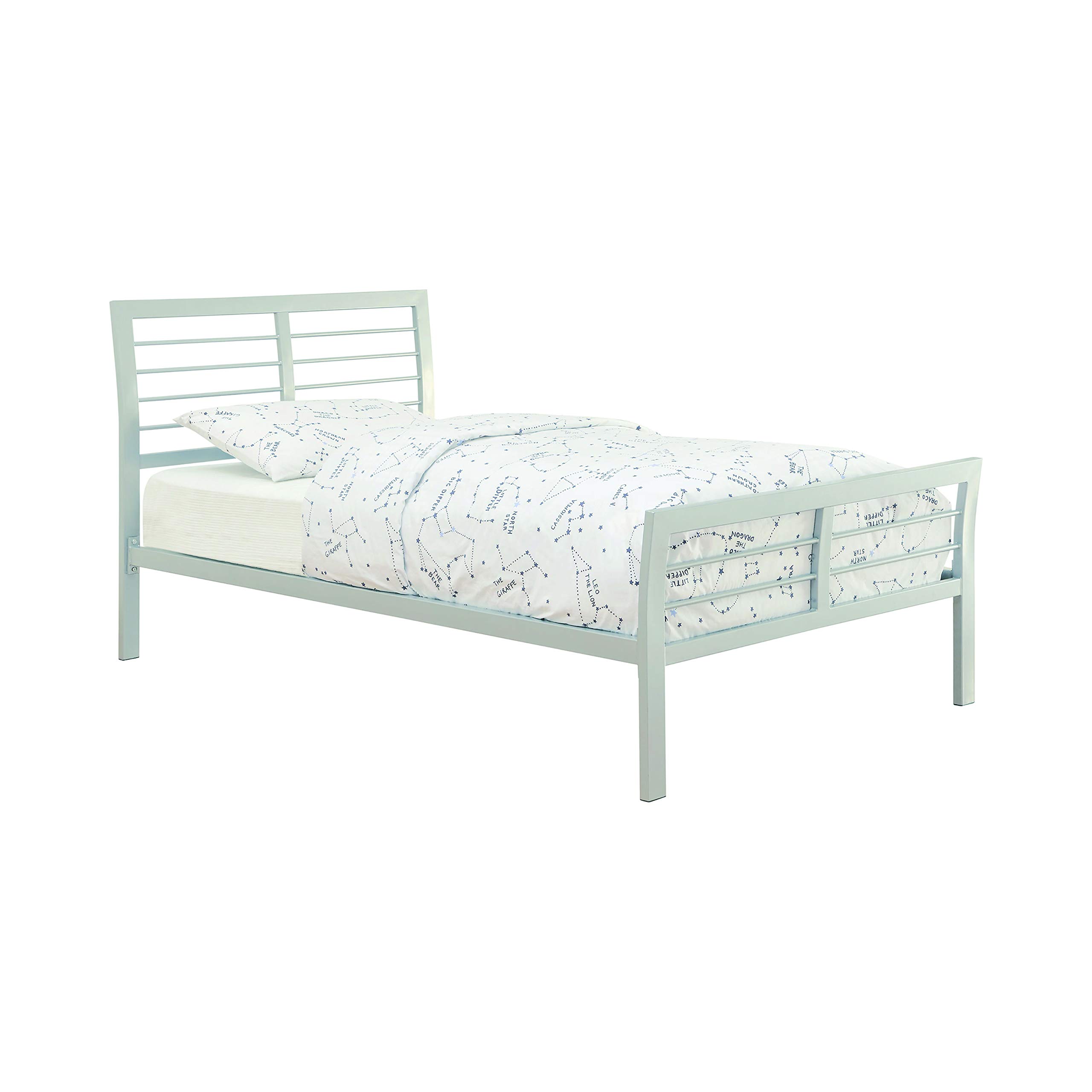 Benjara Full Size Metal Bed Frame with Slatted Headboard, Flared & Linear Design - Silver Finish | Modern Bedroom Furniture for Home & Apartment