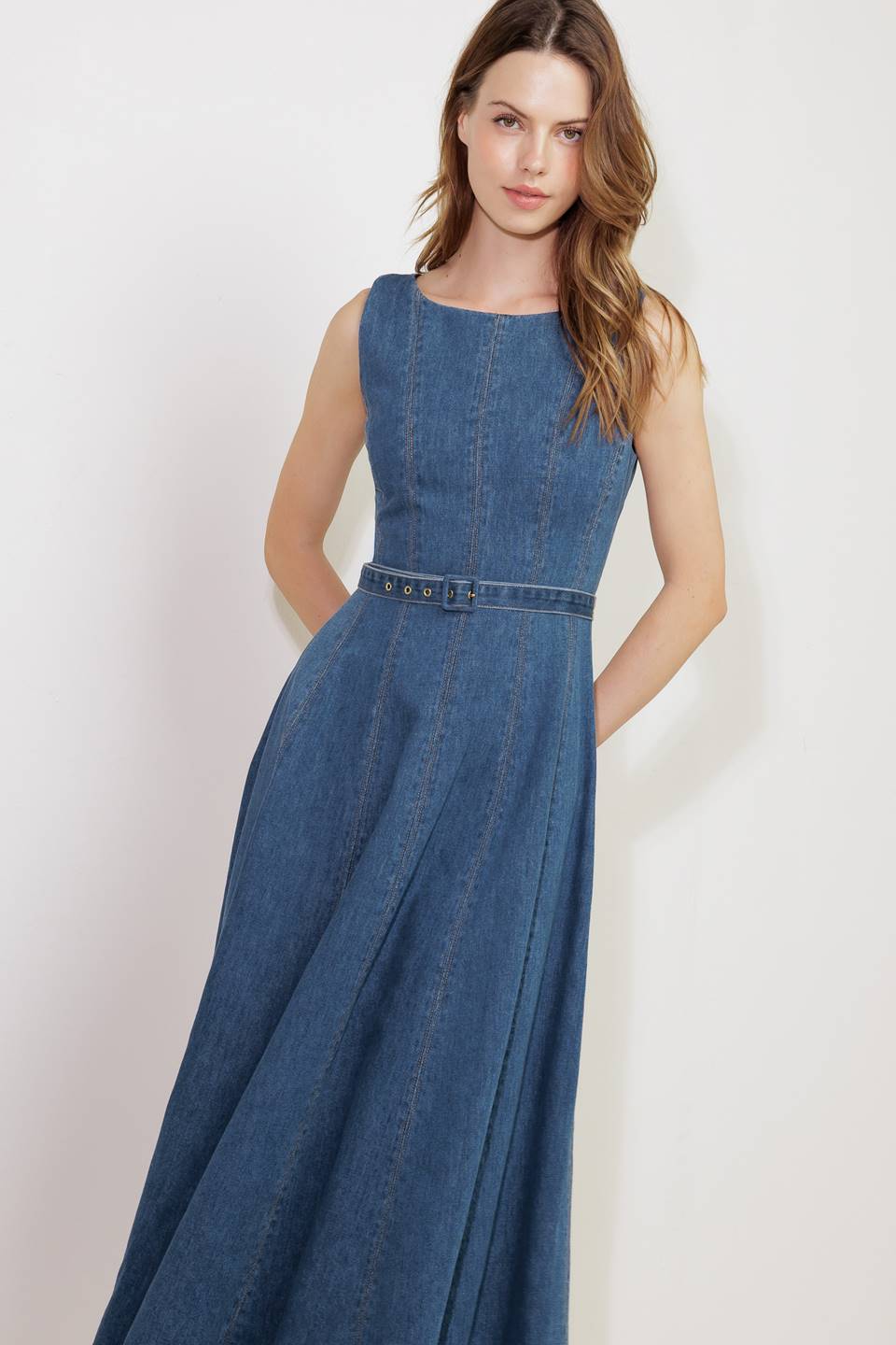 LETTIE Denim Midi Dress for Women - Washed Blue Boat Neck Casual Dress - Perfect for Spring Outfits, Brunch Dates & Weekend Wear