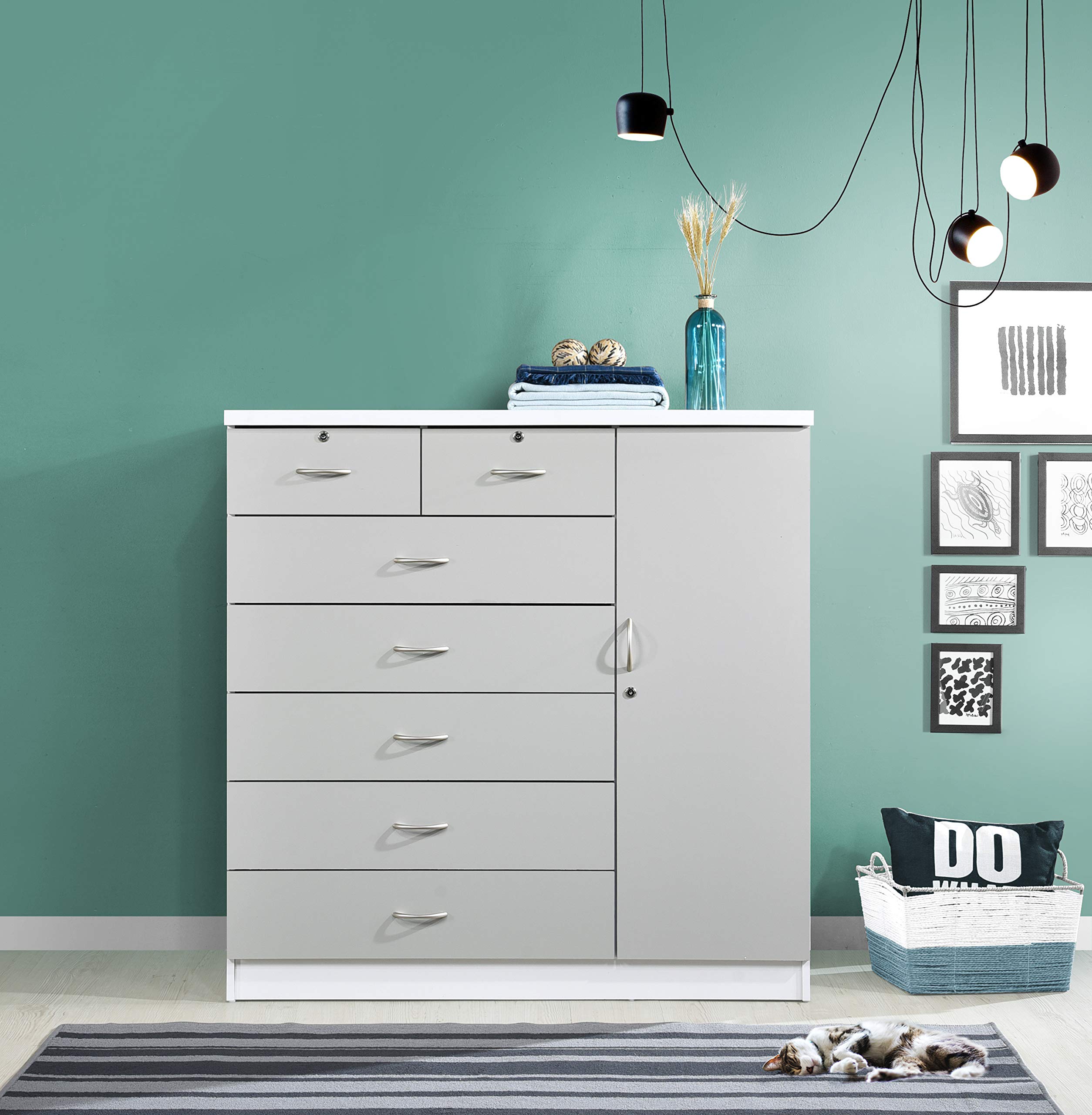 Hodedah 7-Drawer Jumbo Chest Dresser with 5 Large Drawers, 2 Small Lockable Drawers, Hanging Rod & 3 Shelves - Grey-White Finish | Perfect for Bedroom Storage, Closet Organization & Small Space Living