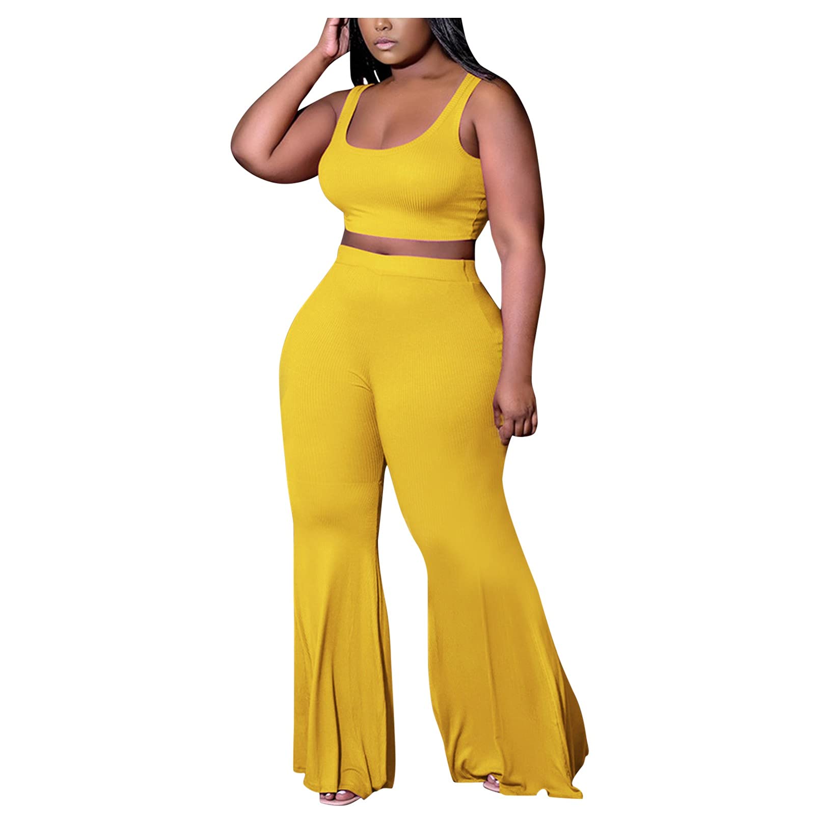 **Women's Flowy Palazzo Pants Set - Sexy Wide Leg Tops & Tank Two Piece Outfit for Casual, Lounge & Bedroom Wear (Yellow, Size S)**
