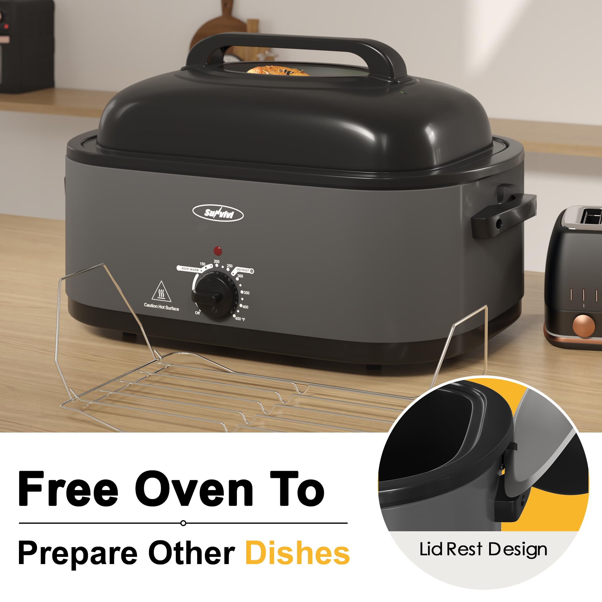 Sunvivi 26-Quart Electric Roaster Oven with Viewing Window - 30lb Turkey Roaster with Defrost/Warm Function, Removable Pan & Rack - Stainless Steel Countertop Appliance for Thanksgiving, Holiday Cooking & Large Family Gatherings