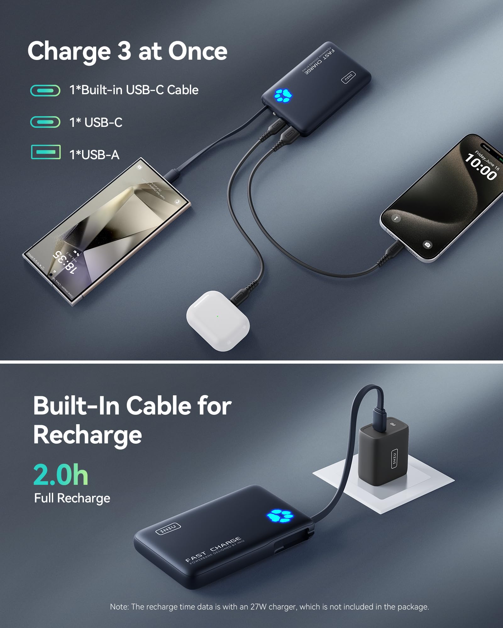 INIU 45W 10000mAh Slim Portable Charger with Built-in USB-C Cable | Fast Charging Power Bank for iPhone 16/15, Samsung Galaxy S22/S21, Google Pixel | Travel Essential Battery Pack for Camping, Commuting & Emergency Power Backup