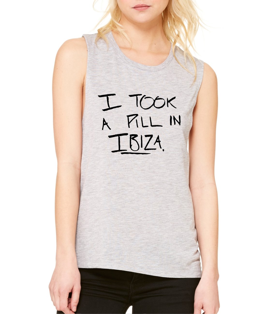 ALLNTRENDS Women's Flowy Muscle Tank Top - Funny 'I Took A Pill in Ibiza' Graphic Tee for Casual Wear, Gym, and Summer Outfits